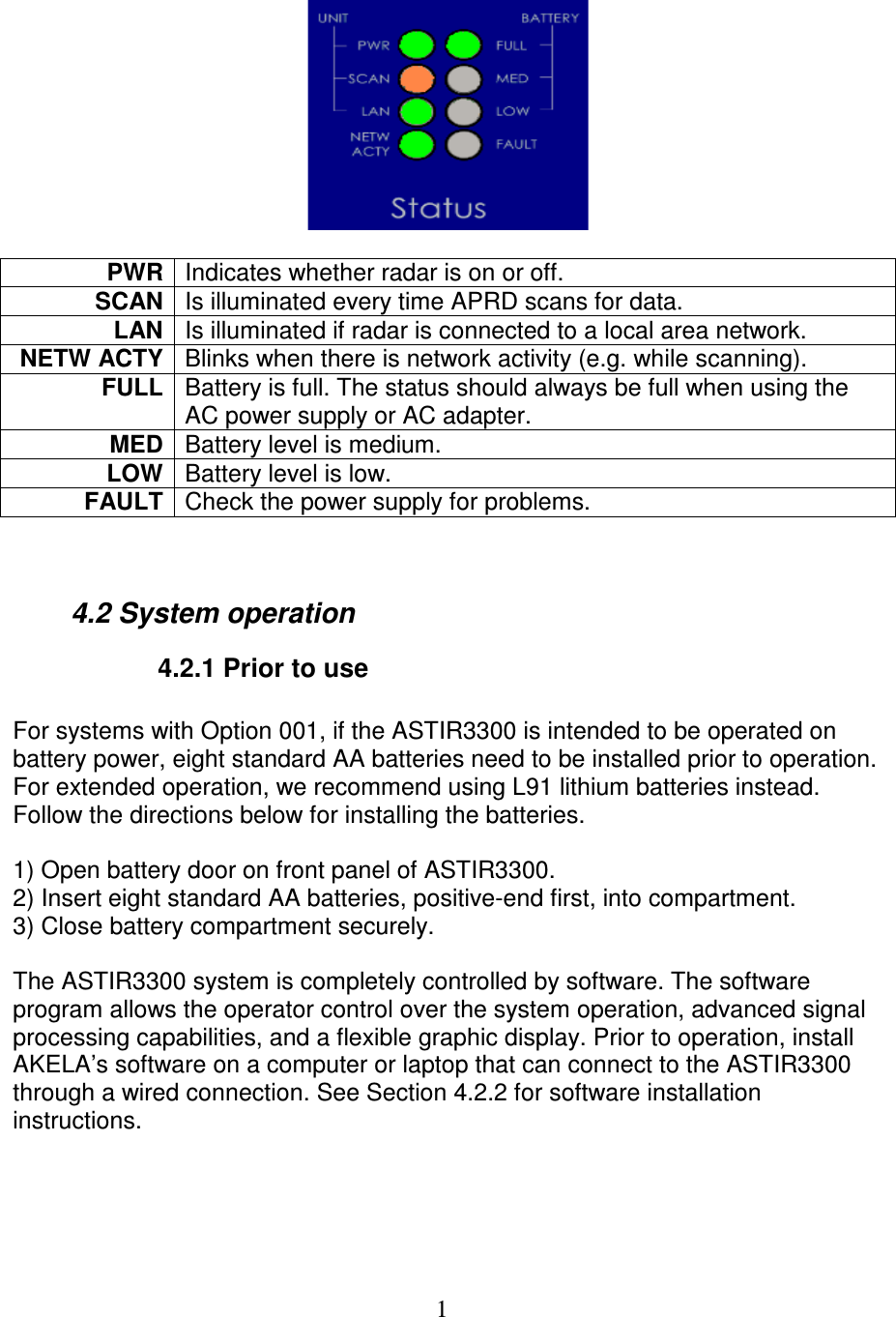   1     PWR Indicates whether radar is on or off. SCAN Is illuminated every time APRD scans for data. LAN Is illuminated if radar is connected to a local area network. NETW ACTY Blinks when there is network activity (e.g. while scanning). FULL Battery is full. The status should always be full when using the AC power supply or AC adapter. MED Battery level is medium. LOW Battery level is low. FAULT Check the power supply for problems.     4.2 System operation     4.2.1 Prior to use  For systems with Option 001, if the ASTIR3300 is intended to be operated on battery power, eight standard AA batteries need to be installed prior to operation. For extended operation, we recommend using L91 lithium batteries instead. Follow the directions below for installing the batteries.  1) Open battery door on front panel of ASTIR3300. 2) Insert eight standard AA batteries, positive-end first, into compartment. 3) Close battery compartment securely.  The ASTIR3300 system is completely controlled by software. The software program allows the operator control over the system operation, advanced signal processing capabilities, and a flexible graphic display. Prior to operation, install AKELA&rsquo;s software on a computer or laptop that can connect to the ASTIR3300 through a wired connection. See Section 4.2.2 for software installation instructions.   