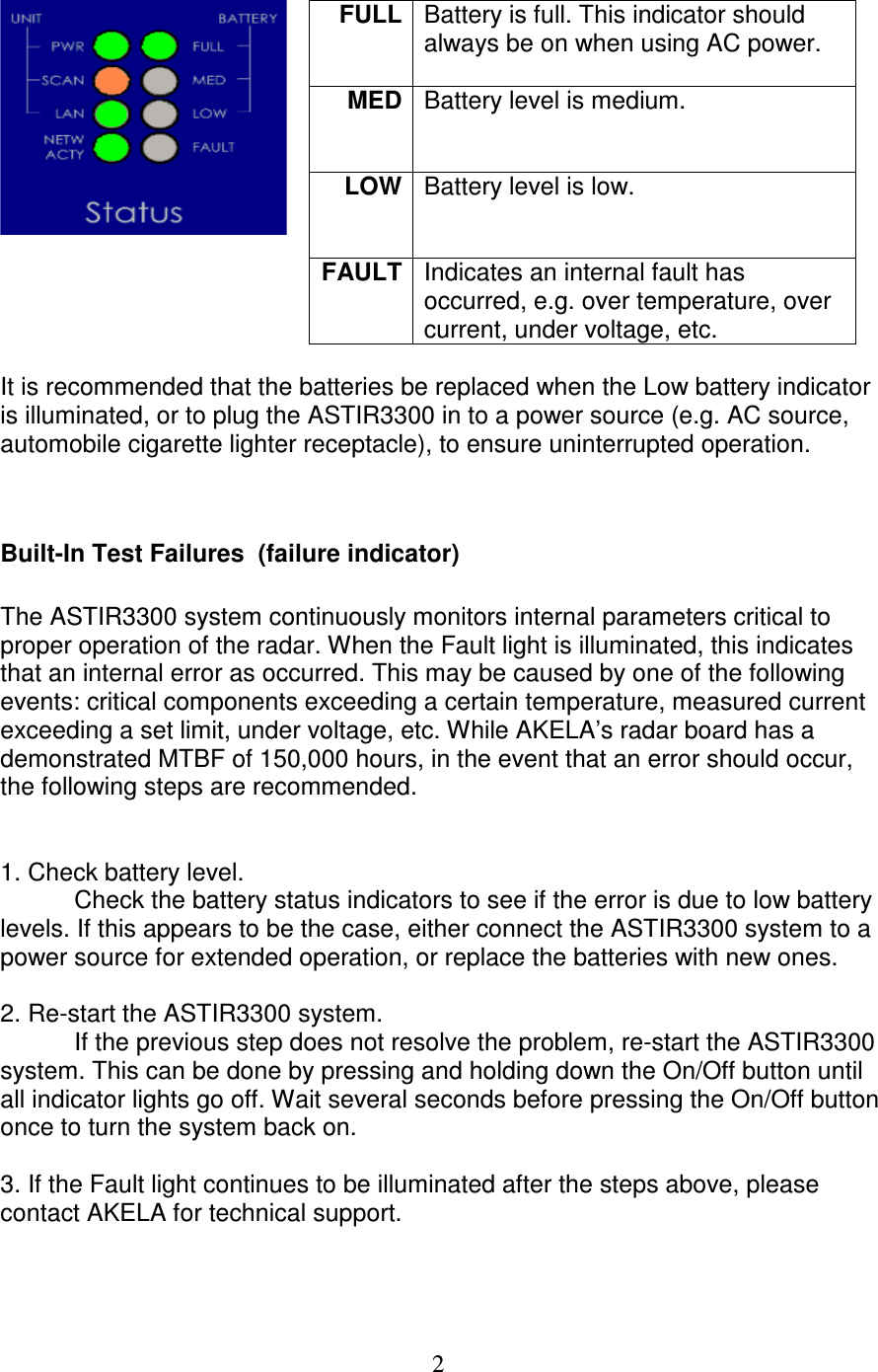   2 FULL Battery is full. This indicator should always be on when using AC power.  MED Battery level is medium. LOW Battery level is low.  FAULT Indicates an internal fault has occurred, e.g. over temperature, over current, under voltage, etc.  It is recommended that the batteries be replaced when the Low battery indicator is illuminated, or to plug the ASTIR3300 in to a power source (e.g. AC source, automobile cigarette lighter receptacle), to ensure uninterrupted operation.   Built-In Test Failures  (failure indicator)  The ASTIR3300 system continuously monitors internal parameters critical to proper operation of the radar. When the Fault light is illuminated, this indicates that an internal error as occurred. This may be caused by one of the following events: critical components exceeding a certain temperature, measured current exceeding a set limit, under voltage, etc. While AKELA&rsquo;s radar board has a demonstrated MTBF of 150,000 hours, in the event that an error should occur, the following steps are recommended.   1. Check battery level.   Check the battery status indicators to see if the error is due to low battery levels. If this appears to be the case, either connect the ASTIR3300 system to a power source for extended operation, or replace the batteries with new ones.   2. Re-start the ASTIR3300 system.    If the previous step does not resolve the problem, re-start the ASTIR3300 system. This can be done by pressing and holding down the On/Off button until all indicator lights go off. Wait several seconds before pressing the On/Off button once to turn the system back on.  3. If the Fault light continues to be illuminated after the steps above, please contact AKELA for technical support.   