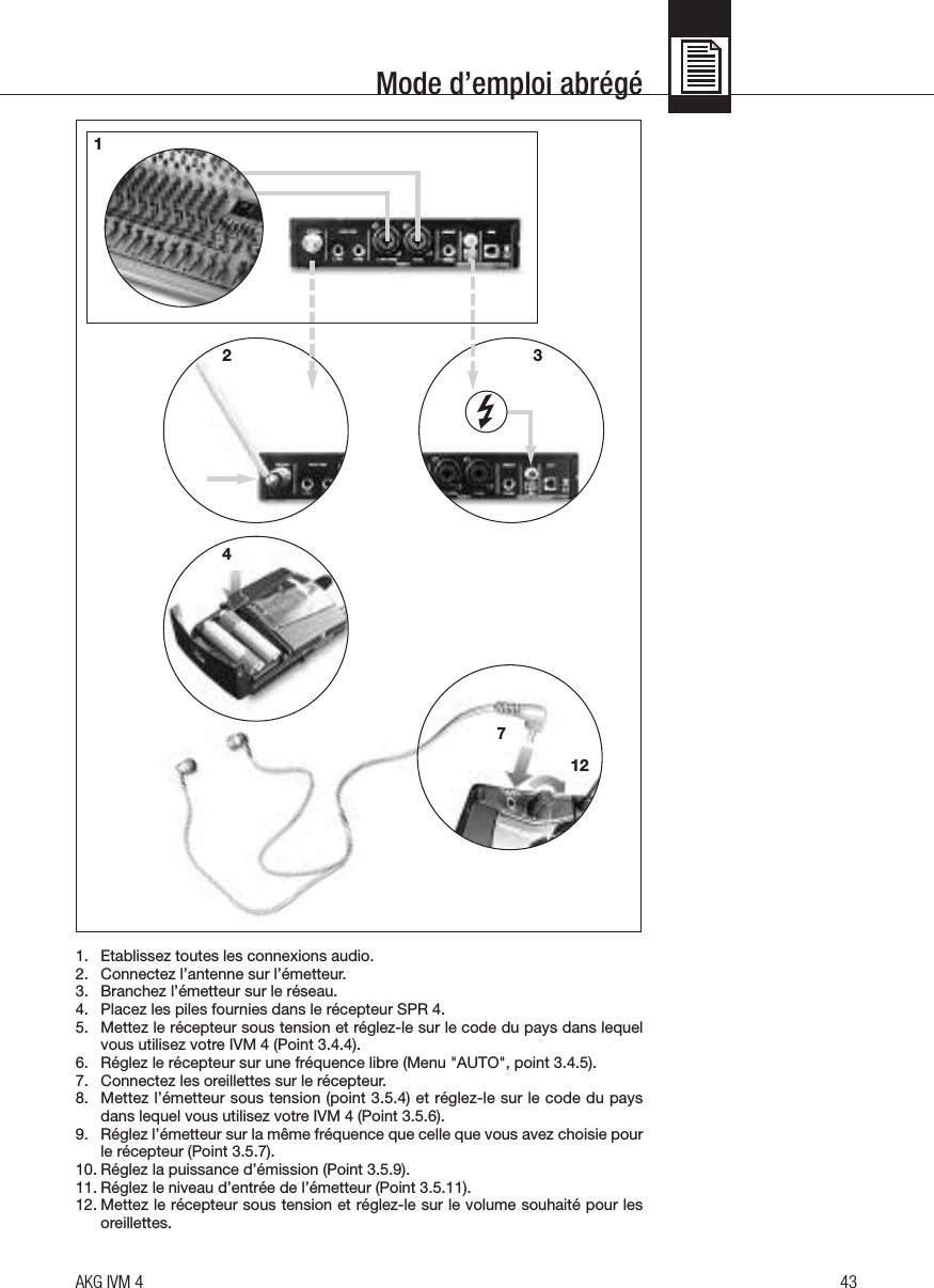 1. Etablissez toutes les connexions audio.2. Connectez l’antenne sur l’émetteur.3. Branchez l’émetteur sur le réseau.4. Placez les piles fournies dans le récepteur SPR 4.5. Mettez le récepteur sous tension et réglez-le sur le code du pays dans lequelvous utilisez votre IVM 4 (Point 3.4.4).6. Réglez le récepteur sur une fréquence libre (Menu &quot;AUTO&quot;, point 3.4.5).7. Connectez les oreillettes sur le récepteur.8. Mettez l’émetteur sous tension (point 3.5.4) et réglez-le sur le code du paysdans lequel vous utilisez votre IVM 4 (Point 3.5.6).9. Réglez l’émetteur sur la même fréquence que celle que vous avez choisie pourle récepteur (Point 3.5.7).10. Réglez la puissance d’émission (Point 3.5.9).11. Réglez le niveau d’entrée de l’émetteur (Point 3.5.11).12. Mettez le récepteur sous tension et réglez-le sur le volume souhaité pour lesoreillettes.43AKG IVM 4Mode d’emploi abrégé L4732112