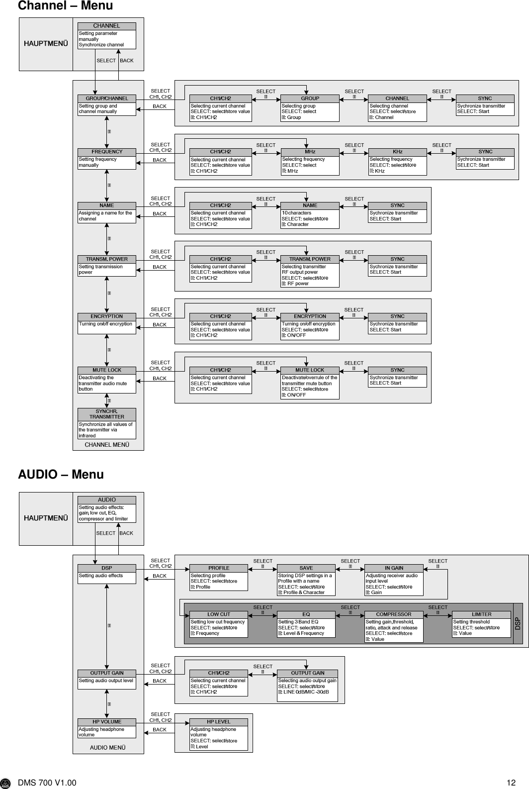  DMS 700 V1.00  12  Channel – Menu   AUDIO – Menu   