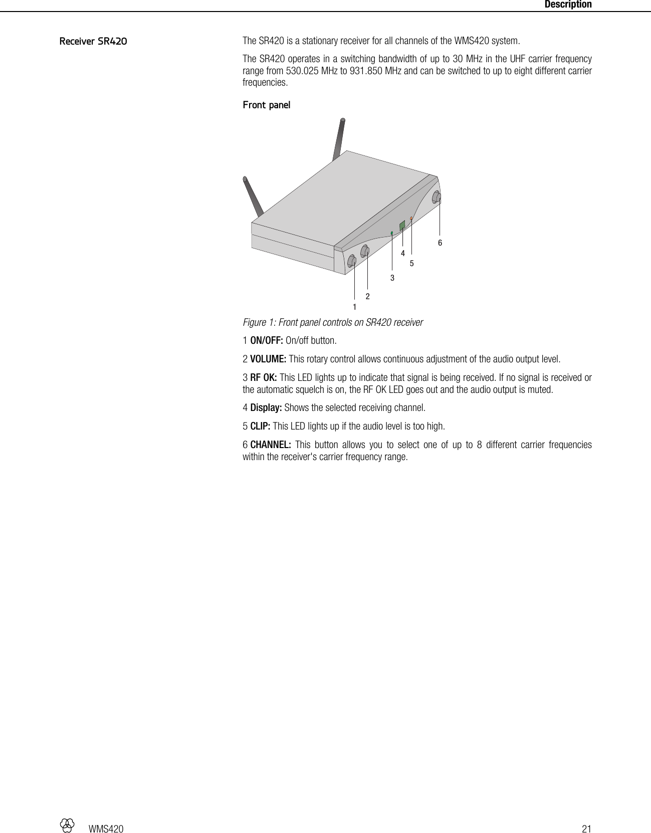   WMS420   21     Description  The SR420 is a stationary receiver for all channels of the WMS420 system. The SR420 operates in a switching bandwidth of up to 30 MHz in the UHF carrier frequency range from 530.025 MHz to 931.850 MHz and can be switched to up to eight different carrier frequencies.  Front panel  Figure 1: Front panel controls on SR420 receiver 1 ON/OFF: On/off button. 2 VOLUME: This rotary control allows continuous adjustment of the audio output level. 3 RF OK: This LED lights up to indicate that signal is being received. If no signal is received or the automatic squelch is on, the RF OK LED goes out and the audio output is muted. 4 Display: Shows the selected receiving channel. 5 CLIP: This LED lights up if the audio level is too high. 6 CHANNEL: This button allows you to select one of up to 8 different carrier frequencies within the receiver&apos;s carrier frequency range.  123564Receiver SR420 