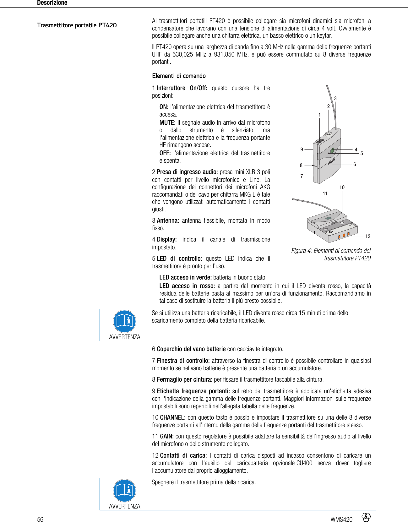 56   WMS420    Descrizione    Ai trasmettitori portatili PT420 è possibile collegare sia microfoni dinamici sia microfoni a condensatore che lavorano con una tensione di alimentazione di circa 4 volt. Ovviamente è possibile collegare anche una chitarra elettrica, un basso elettrico o un keytar. Il PT420 opera su una larghezza di banda fino a 30 MHz nella gamma delle frequenze portanti UHF da 530,025 MHz a 931,850 MHz, e può essere commutato su 8 diverse frequenze portanti.  Elementi di comando 1 Interruttore On/Off: questo cursore ha tre posizioni: ON: l’alimentazione elettrica del trasmettitore è accesa. MUTE: Il segnale audio in arrivo dal microfono o dallo strumento è silenziato, ma l&apos;alimentazione elettrica e la frequenza portante HF rimangono accese. OFF: l’alimentazione elettrica del trasmettitore è spenta. 2 Presa di ingresso audio: presa mini XLR 3 poli con contatti per livello microfonico e Line. La configurazione dei connettori dei microfoni AKG raccomandati o del cavo per chitarra MKG L è tale che vengono utilizzati automaticamente i contatti giusti. 3 Antenna: antenna flessibile, montata in modo fisso. 4 Display: indica il canale di trasmissione impostato. 5 LED di controllo: questo LED indica che il trasmettitore è pronto per l’uso. LED acceso in verde: batteria in buono stato. LED acceso in rosso: a partire dal momento in cui il LED diventa rosso, la capacità residua delle batterie basta al massimo per un’ora di funzionamento. Raccomandiamo in tal caso di sostituire la batteria il più presto possibile.   AVVERTENZA Se si utilizza una batteria ricaricabile, il LED diventa rosso circa 15 minuti prima dello scaricamento completo della batteria ricaricabile. 6 Coperchio del vano batterie con cacciavite integrato. 7 Finestra di controllo: attraverso la finestra di controllo è possibile controllare in qualsiasi momento se nel vano batterie è presente una batteria o un accumulatore. 8 Fermaglio per cintura: per fissare il trasmettitore tascabile alla cintura. 9 Etichetta frequenze portanti: sul retro del trasmettitore è applicata un&apos;etichetta adesiva con l&apos;indicazione della gamma delle frequenze portanti. Maggiori informazioni sulle frequenze impostabili sono reperibili nell&apos;allegata tabella delle frequenze. 10 CHANNEL: con questo tasto è possibile impostare il trasmettitore su una delle 8 diverse frequenze portanti all&apos;interno della gamma delle frequenze portanti del trasmettitore stesso. 11 GAIN: con questo regolatore è possibile adattare la sensibilità dell’ingresso audio al livello del microfono o dello strumento collegato. 12 Contatti di carica: I contatti di carica disposti ad incasso consentono di caricare un accumulatore con l&apos;ausilio del caricabatteria opzionale CU400 senza dover togliere l&apos;accumulatore dal proprio alloggiamento.  AVVERTENZA Spegnere il trasmettitore prima della ricarica. Trasmettitore portatile PT420  Figura 4: Elementi di comando del trasmettitore PT420 +-111012412586