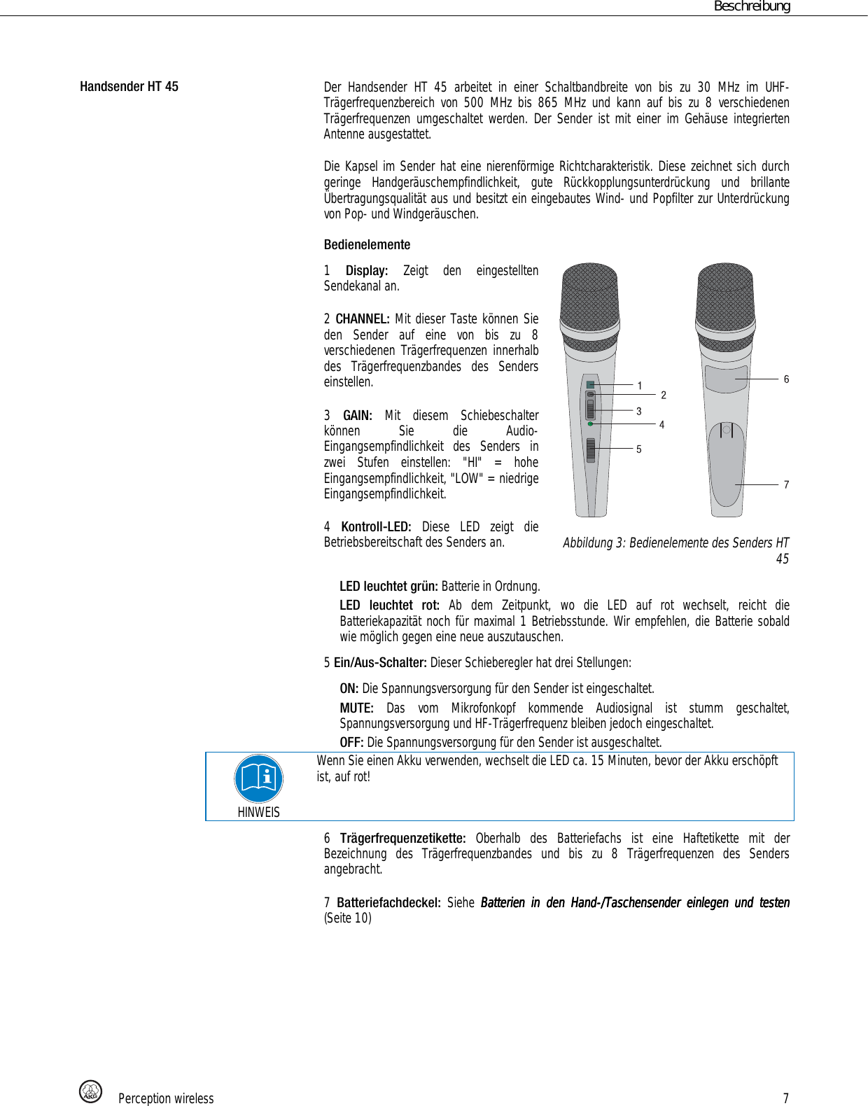Page 7 of AKG Acoustics HT45 handheld wireless microphone transmitter User Manual 