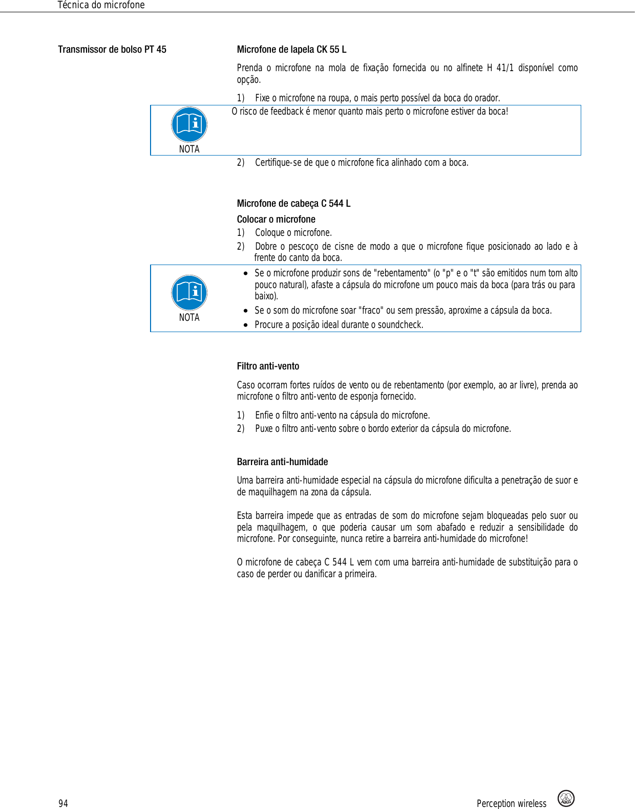 Page 94 of AKG Acoustics HT45 handheld wireless microphone transmitter User Manual 