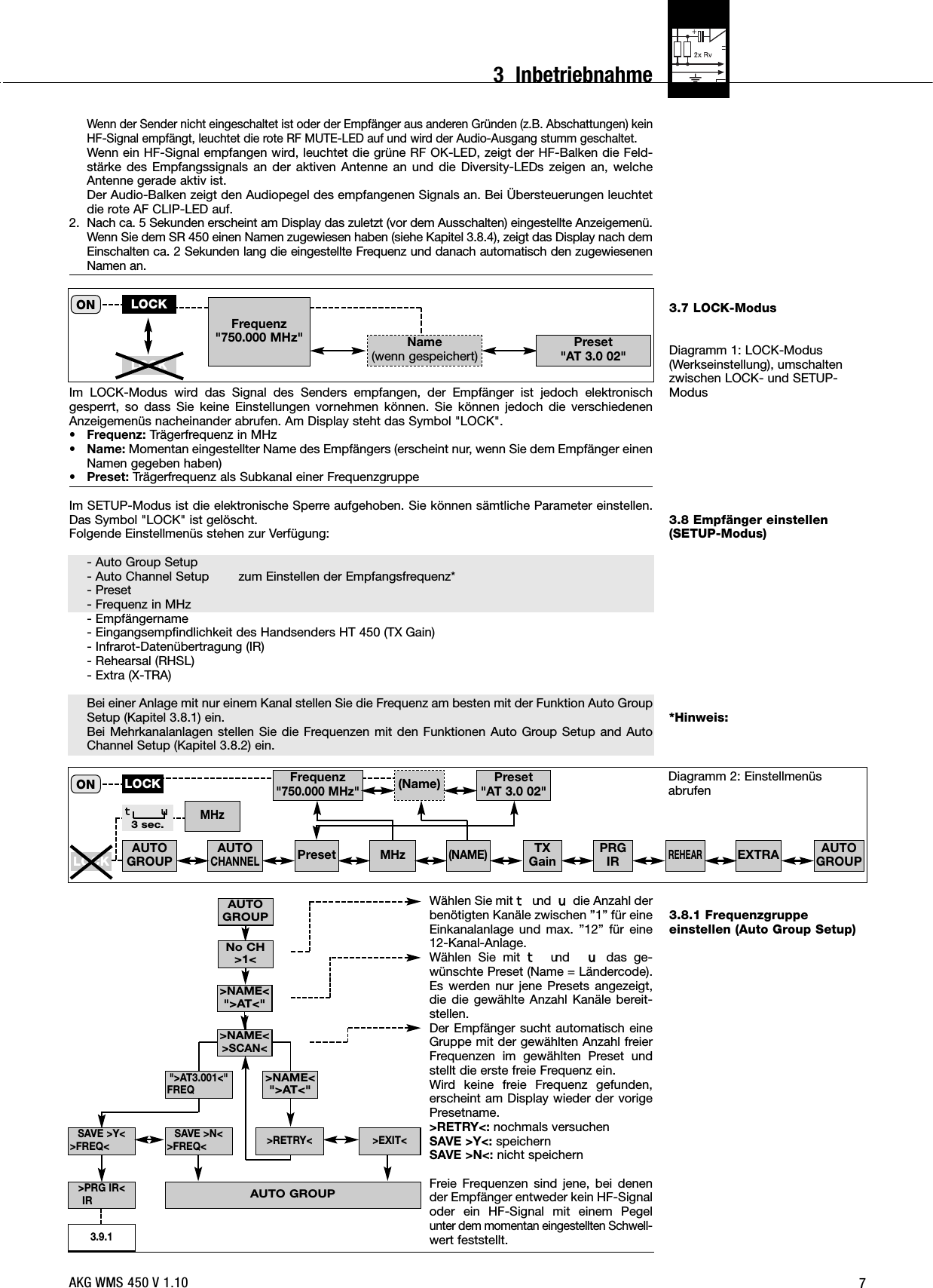 73.7 LOCK-ModusDiagramm 1: LOCK-Modus(Werkseinstellung), umschaltenzwischen LOCK- und SETUP-Modus3.8 Empfänger einstellen(SETUP-Modus)*Hinweis:3.8.1 Frequenzgruppeeinstellen (Auto Group Setup)Wenn der Sender nicht eingeschaltet ist oder der Empfänger aus anderen Gründen (z.B. Abschattungen) keinHF-Signal empfängt, leuchtet die rote RF MUTE-LED auf und wird der Audio-Ausgang stumm geschaltet.Wenn ein HF-Signal empfangen wird, leuchtet die grüne RF OK-LED, zeigt der HF-Balken die Feld-stärke des Empfangssignals an der aktiven Antenne an und die Diversity-LEDs zeigen an, welcheAntenne gerade aktiv ist.Der Audio-Balken zeigt den Audiopegel des empfangenen Signals an. Bei Übersteuerungen leuchtetdie rote AF CLIP-LED auf.2. Nach ca. 5 Sekunden erscheint am Display das zuletzt (vor dem Ausschalten) eingestellte Anzeigemenü.Wenn Sie dem SR 450 einen Namen zugewiesen haben (siehe Kapitel 3.8.4), zeigt das Display nach demEinschalten ca. 2 Sekunden lang die eingestellte Frequenz und danach automatisch den zugewiesenenNamen an.Im LOCK-Modus wird das Signal des Senders empfangen, der Empfänger ist jedoch elektronischgesperrt, so dass Sie keine Einstellungen vornehmen können. Sie können jedoch die verschiedenenAnzeigemenüs nacheinander abrufen. Am Display steht das Symbol &quot;LOCK&quot;.• Frequenz: Trägerfrequenz in MHz• Name: Momentan eingestellter Name des Empfängers (erscheint nur, wenn Sie dem Empfänger einenNamen gegeben haben)• Preset: Trägerfrequenz als Subkanal einer FrequenzgruppeIm SETUP-Modus ist die elektronische Sperre aufgehoben. Sie können sämtliche Parameter einstellen.Das Symbol &quot;LOCK&quot; ist gelöscht.Folgende Einstellmenüs stehen zur Verfügung:- Auto Group Setup- Auto Channel Setup zum Einstellen der Empfangsfrequenz*- Preset- Frequenz in MHz- Empfängername- Eingangsempfindlichkeit des Handsenders HT 450 (TX Gain)- Infrarot-Datenübertragung (IR)- Rehearsal (RHSL)- Extra (X-TRA)Bei einer Anlage mit nur einem Kanal stellen Sie die Frequenz am besten mit der Funktion Auto GroupSetup (Kapitel 3.8.1) ein.Bei Mehrkanalanlagen stellen Sie die Frequenzen mit den Funktionen Auto Group Setup and AutoChannel Setup (Kapitel 3.8.2) ein.Wählen Sie mit Wun d Xdie Anzahl derbenötigten Kanäle zwischen ”1” für eineEinkanalanlage und max. ”12” für eine12-Kanal-Anlage.Wählen Sie mit Wun d Xdas ge-wünschte Preset (Name = Ländercode).Es werden nur jene Presets angezeigt,die die gewählte Anzahl Kanäle bereit-stellen.Der Empfänger sucht automatisch eineGruppe mit der gewählten Anzahl freierFrequenzen im gewählten Preset undstellt die erste freie Frequenz ein. Wird keine freie Frequenz gefunden,erscheint am Display wieder der vorigePresetname.&gt;RETRY&lt;: nochmals versuchenSAVE &gt;Y&lt;: speichernSAVE &gt;N&lt;: nicht speichernFreie Frequenzen sind jene, bei denender Empfänger entweder kein HF-Signaloder ein HF-Signal mit einem Pegelunter dem momentan eingestellten Schwell-wert feststellt.AUTO GROUP3.9.1&gt;NAME&lt;&quot;&gt;AT&lt;&quot;&gt;RETRY&lt;&gt;PRG IR&lt;IRSAVE &gt;N&lt;&gt;FREQ&lt;SAVE &gt;Y&lt;&gt;FREQ&lt; &gt;EXIT&lt;AUTOGROUPNo CH&gt;1&lt;&quot;&gt;AT3.001&lt;&quot;FREQ&gt;NAME&lt;&quot;&gt;AT&lt;&quot;ONFrequenz&quot;750.000 MHz&quot;LOCKLOCK&gt;NAME&lt;&gt;SCAN&lt;Preset&quot;AT 3.0 02&quot;Name(wenn gespeichert)ON Preset&quot;AT 3.0 02&quot;Frequenz&quot;750.000 MHz&quot;(Name)TXGainMHzEXTRAPRGIRAUTOGROUP AUTOGROUPAUTOCHANNELREHEARLOCKLOCK(NAME)PresetMHzW X3 sec.Diagramm 2: Einstellmenüs abrufenAKG WMS 450 V 1.103  Inbetriebnahme