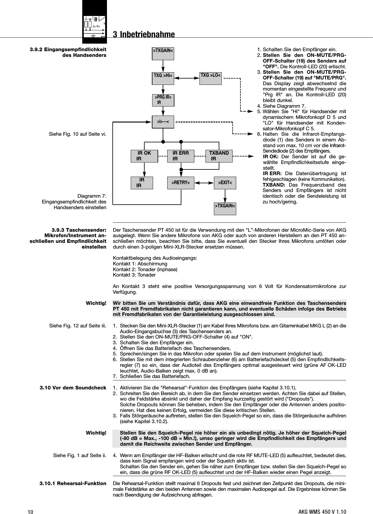 103.9.2 Eingangsempfindlichkeitdes HandsendersSiehe Fig. 10 auf Seite vi.Diagramm 7:Eingangsempfindlichkeit desHandsenders einstellen3.9.3 Taschensender:Mikrofon/Instrument an-schließen und EmpfindlichkeiteinstellenWichtig!Siehe Fig. 12 auf Seite iii.3.10 Vor dem SoundcheckWichtig!Siehe Fig. 1 auf Seite ii.3.10.1 Rehearsal-Funktion1. Schalten Sie den Empfänger ein.2. Stellen Sie den ON-MUTE/PRG-OFF-Schalter (19) des Senders auf&quot;OFF&quot;. Die Kontroll-LED (20) erlischt.3. Stellen Sie den ON-MUTE/PRG-OFF-Schalter (19) auf &quot;MUTE/PRG&quot;.Das Display zeigt abwechselnd diemomentan eingestellte Frequenz und&quot;Prg IR&quot; an. Die Kontroll-LED (20)bleibt dunkel.4. Siehe Diagramm 7.5. Wählen Sie &quot;HI&quot; für Handsender mitdynamischem Mikrofonkopf D 5 und&quot;LO&quot; für Handsender mit Konden-sator-Mikrofonkopf C 5.6. Halten Sie die Infrarot-Empfangs-diode (1) des Senders in einem Ab-stand von max. 10 cm vor die Infrarot-Sendediode (2) des Empfängers.IR OK: Der Sender ist auf die ge-wählte Empfindlichkeitsstufe einge-stellt.IR ERR: Die Datenübertragung istfehlgeschlagen(keine Kommunikation).TXBAND: Das Frequenzband desSenders und Empfängers ist nichtidentisch oder die Sendeleistung istzu hoch/gering.Der Taschensender PT 450 ist für die Verwendung mit den &quot;L”-Mikrofonen der MicroMic-Serie von AKGausgelegt. Wenn Sie andere Mikrofone von AKG oder auch von anderen Herstellern an den PT 450 an-schließen möchten, beachten Sie bitte, dass Sie eventuell den Stecker Ihres Mikrofons umlöten oderdurch einen 3-poligen Mini-XLR-Stecker ersetzen müssen.Kontaktbelegung des Audioeingangs:Kontakt 1: AbschirmungKontakt 2: Tonader (inphase)Kontakt 3: TonaderAn Kontakt 3 steht eine positive Versorgungsspannung von 6 Volt für Kondensatormikrofone zurVerfügung.Wir bitten Sie um Verständnis dafür, dass AKG eine einwandfreie Funktion des Taschensenders PT 450 mit Fremdfabrikaten nicht garantieren kann, und eventuelle Schäden infolge des Betriebsmit Fremdfabrikaten von der Garantieleistung ausgeschlossen sind.1. Stecken Sie den Mini-XLR-Stecker (1) am Kabel Ihres Mikrofons bzw. am Gitarrenkabel MKG L (2) an dieAudio-Eingangsbuchse (3) des Taschensenders an.2. Stellen Sie den ON-MUTE/PRG-OFF-Schalter (4) auf &quot;ON&quot;.3. Schalten Sie den Empfänger ein.4. Öffnen Sie das Batteriefach des Taschensenders.5. Sprechen/singen Sie in das Mikrofon oder spielen Sie auf dem Instrument (möglichst laut).6. Stellen Sie mit dem integrierten Schraubenzieher (6) am Batteriefachdeckel (5) den Empfindlichkeits-regler (7) so ein, dass der Audioteil des Empfängers optimal ausgesteuert wird (grüne AF OK-LEDleuchtet, Audio-Balken zeigt max. 0 dB an).7. Schließen Sie das Batteriefach.1. Aktivieren Sie die &quot;Rehearsal&quot;-Funktion des Empfängers (siehe Kapitel 3.10.1).2. Schreiten Sie den Bereich ab, in dem Sie den Sender einsetzen werden. Achten Sie dabei auf Stellen,wo die Feldstärke absinkt und daher der Empfang kurzzeitig gestört wird (&quot;Dropouts&quot;). Solche Dropouts können Sie beheben, indem Sie den Empfänger oder die Antennen anders positio-nieren. Hat dies keinen Erfolg, vermeiden Sie diese kritischen Stellen.3. Falls Störgeräusche auftreten, stellen Sie den Squelch-Pegel so ein, dass die Störgeräusche aufhören(siehe Kapitel 3.10.2).Stellen Sie den Squelch-Pegel nie höher ein als unbedingt nötig. Je höher der Squelch-Pegel (-80 dB = Max., -100 dB = Min.!), umso geringer wird die Empfindlichkeit des Empfängers unddamit die Reichweite zwischen Sender und Empfänger.4. Wenn am Empfänger der HF-Balken erlischt und die rote RF MUTE-LED (5) aufleuchtet, bedeutet dies,dass kein Signal empfangen wird oder der Squelch aktiv ist.Schalten Sie den Sender ein, gehen Sie näher zum Empfänger bzw. stellen Sie den Squelch-Pegel soein, dass die grüne RF OK-LED (5) aufleuchtet und der HF-Balken wieder einen Pegel anzeigt.Die Rehearsal-Funktion stellt maximal 6 Dropouts fest und zeichnet den Zeitpunkt des Dropouts, die mini-male Feldstärke an den beiden Antennen sowie den maximalen Audiopegel auf. Die Ergebnisse können Sienach Beendigung der Aufzeichnung abfragen.&gt;TXGAIN&lt;&gt;TXGAIN&lt;IRIRTXG &gt;LO&lt;&gt;EXIT&lt;&gt;RETRY&lt;TXBANDIRIR ERRIR&gt;I&gt;---&lt;TXG &gt;HI&lt;&gt;PRG IR&lt;IRIR OKIRAKG WMS 450 V 1.103 Inbetriebnahme