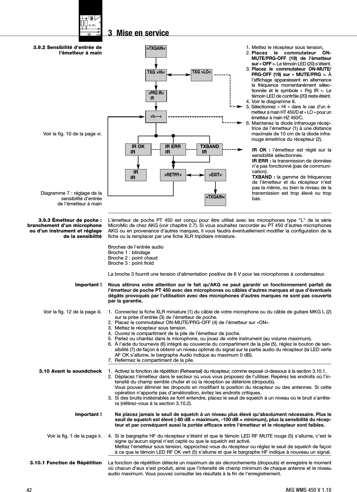 3.9.2 Sensibilité d’entrée del’émetteur à mainVoir la fig. 10 de la page vi.Diagramme 7 : réglage de lasensibilité d’entrée de l’émetteur à main3.9.3 Émetteur de poche :branchement d’un microphoneou d’un instrument et réglagede la sensibilitéImportant !Voir la fig. 12 de la page iii.3.10 Avant le soundcheckImportant !Voir la fig. 1 de la page ii.3.10.1 Fonction de Répétition1. Mettez le récepteur sous tension,2. Placez le commutateur ON-MUTE/PRG-OFF(19) de l’émetteursur « OFF ». Le témoin LED (20) s’éteint.3. Placez le commutateur ON-MUTE/PRG-OFF(19) sur « MUTE/PRG ». Àl’affichage apparaissent en alternancela fréquence momentanément sélec-tionnée et le symbole « Prg IR ». Letémoin LED de contrôle (20) reste éteint.4. Voir le diagramme 8.5.Sélectionnez « HI » dans le cas d’un é-metteur à main HT 450/D et « LO » pour unémetteur à main HZ 450/C.6. Maintenez la diode infrarouge récep-trice de l’émetteur (1) à une distancemaximale de 10 cm de la diode infra-rouge émettrice du récepteur (2).IR OK : l’émetteur est réglé sur lasensibilité sélectionnée.IR ERR : la transmission de donnéesn’a pas fonctionné (pas de communi-cation).TXBAND : la gamme de fréquencesde l’émetteur et du récepteur n’estpas la même, ou bien le niveau de latransmission est trop élevé ou tropbas.L’émetteur de poche PT 450 est conçu pour être utilisé avec les microphones type &quot;L&quot; de la sérieMicroMic de chez AKG (voir chapitre 2.7). Si vous souhaitez raccorder au PT 450 d’autres microphonesAKG ou en provenance d’autres marques, il vous faudra éventuellement modifier la configuration de lafiche ou la remplacer par une fiche XLR tripôlaire miniature.Broches de l’entrée audioBroche 1 : blindageBroche 2 : point chaudBroche 3 : point froidLa broche 3 fournit une tension d’alimentation positive de 6 V pour les microphones à condensateur.Nous attirons votre attention sur le fait qu’AKG ne peut garantir un fonctionnement parfait del’émetteur de poche PT 450 avec des microphones ou câbles d’autres marques et que d’éventuelsdégâts provoqués par l’utilisation avec des microphones d’autres marques ne sont pas couvertspar la garantie.1. Connectez la fiche XLR miniature (1) du câble de votre microphone ou du câble de guitare MKG L (2)sur la prise d’entrée (3) de l’émetteur de poche.2. Placez le commutateur ON-MUTE/PRG-OFF (4) de l’émetteur sur «ON».3. Mettez le récepteur sous tension.4. Ouvrez le compartiment de la pile de l’émetteur de poche.5. Parlez ou chantez dans le microphone, ou jouez de votre instrument (au volume maximum).6. À l’aide du tournevis (6) intégré au couvercle du compartiment de la pile (5), réglez le bouton de sen-sibilité (7) de façon à obtenir un niveau optimal du signal sur la partie audio du récepteur (la LED verteAF OK s’allume, le bargraphe Audio indique au maximum 0 dB).7. Refermez le compartiment de la pile.1. Activez la fonction de répétition (Rehearsal) du récepteur, comme exposé ci-dessous à la section 3.10.1.2. Déplacez l&apos;émetteur dans le secteur où vous vous proposez de l’utiliser. Repérez les endroits où l’in-tensité du champ semble chuter et où la réception se détériore (dropouts).Vous pouvez éliminer les dropouts en modifiant la position du récepteur ou des antennes. Si cetteopération n&apos;apporte pas d’amélioration, évitez les endroits critiques.3. Si des bruits indésirables se font entendre, placez le seuil de squelch à un niveau où le bruit s&apos;arrête-ra (référez-vous à la section 3.10.2).Ne placez jamais le seuil de squelch à un niveau plus élevé qu&apos;absolument nécessaire. Plus leseuil de squelch est élevé (-80 dB = maximum, -100 dB = minimum), plus la sensibilité du récep-teur et par conséquent aussi la portée efficace entre l&apos;émetteur et le récepteur sont faibles.4. Si le bargraphe HF du récepteur s&apos;éteint et que le témoin LED RF MUTE rouge (5) s’allume, c’est lesigne qu&apos;aucun signal n&apos;est capté ou que le squelch est activé.Mettez l&apos;émetteur sous tension, rapprochez-vous du récepteur ou réglez le seuil de squelch de façonà ce que le témoin LED RF OK vert (5) s’allume et que le bargraphe HF indique à nouveau un signal.La fonction de répétition détecte un maximum de six décrochements (dropouts) et enregistre le momentoù chacun d’eux s&apos;est produit, ainsi que l’intensité de champ minimum de chaque antenne et le niveauaudio maximum. Vous pouvez consulter les résultats à la fin de l&apos;enregistrement.42&gt;TXGAIN&lt;&gt;TXGAIN&lt;IRIRTXG &gt;LO&lt;&gt;EXIT&lt;&gt;RETRY&lt;TXBANDIRIR ERRIR&gt;I&gt;---&lt;TXG &gt;HI&lt;&gt;PRG IR&lt;IRIR OKIRAKG WMS 450 V 1.103  Mise en service