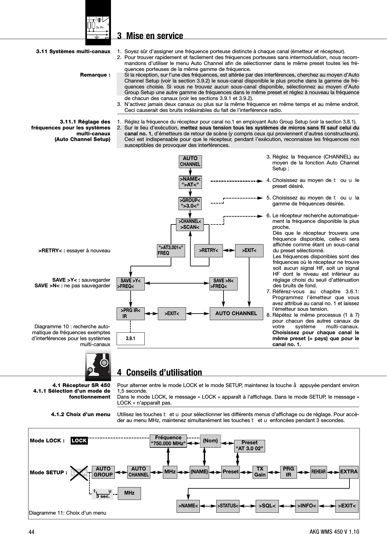 443.11 Systèmes multi-canauxRemarque :3.11.1 Réglage des fréquences pour les systèmes multi-canaux(Auto Channel Setup)&gt;RETRY&lt; : essayer à nouveauSAVE &gt;Y&lt; : sauvegarderSAVE &gt;N&lt; : ne pas sauvegarderDiagramme 10 : recherche auto-matique de fréquences exemptesd’interférences pour les systèmesmulti-canaux4.1 Récepteur SR 4504.1.1 Sélection d’un mode defonctionnement4.1.2 Choix d’un menu1. Soyez sûr d’assigner une fréquence porteuse distincte à chaque canal (émetteur et récepteur).2. Pour trouver rapidement et facilement des fréquences porteuses sans intermodulation, nous recom-mandons d’utiliser le menu Auto Channel afin de sélectionner dans le même preset toutes les fré-quences porteuses de la même gamme de fréquence.Si la réception, sur l’une des fréquences, est altérée par des interférences, cherchez au moyen d’AutoChannel Setup (voir la section 3.9.2) le sous-canal disponible le plus proche dans la gamme de fré-quences choisie. Si vous ne trouvez aucun sous-canal disponible, sélectionnez au moyen d’AutoGroup Setup une autre gamme de fréquences dans le même preset et réglez à nouveau la fréquencede chacun des canaux (voir les sections 3.9.1 et 3.9.2).3. N’activez jamais deux canaux ou plus sur la même fréquence en même temps et au même endroit.Ceci causerait des bruits indésirables du fait de l’interférence radio.1.Réglez la fréquence du récepteur pour canal no.1 en employant Auto Group Setup (voir la section 3.8.1).2. Sur le lieu d’exécution, mettez sous tension tous les systèmes de micros sans fil sauf celui ducanal no. 1, d’émetteurs de retour de scène (y compris ceux qui proviennent d’autres constructeurs).Ceci est indispensable pour que le récepteur, pendant l’exécution, reconnaisse les fréquences nonsusceptibles de provoquer des interférences.3. Réglez la fréquence (CHANNEL) aumoyen de la fonction Auto ChannelSetup :4. Choisissez au moyen de Wou Xlepreset désiré.5. Choisissez au moyen de Wou Xlagamme de fréquences désirée.6. Le récepteur recherche automatique-ment la fréquence disponible la plusproche.Dès que le récepteur trouvera unefréquence disponible, celle-ci seraaffichée comme étant un sous-canaldu preset sélectionné.Les fréquences disponibles sont desfréquences où le récepteur ne trouvesoit aucun signal HF, soit un signalHF dont le niveau est inférieur auréglage choisi du seuil d’atténuationdes bruits de fond.7. Référez-vous au chapitre 3.6.1:Programmez l&apos;émetteur que vousavez attribué au canal no. 1 et laissezl&apos;émetteur sous tension.8. Répétez le même processus (1 à 7)pour chacun des autres canaux devotre systéme multi-canaux.Choisissez pour chaque canal lemême preset (= pays) que pour lecanal no. 1.Pour alterner entre le mode LOCK et le mode SETUP, maintenez la touche §appuyée pendant environ1,5 seconde.Dans le mode LOCK, le message « LOCK » apparaît à l’affichage. Dans le mode SETUP, le message «LOCK » n’apparaît pas.Utilisez les touches Wet Xpour sélectionner les différents menus d’affichage ou de réglage. Pour accé-der au menu MHz, maintenez simultanément les touches Wet Xenfoncées pendant 3 secondes.Diagramme 11: Choix d’un menuAUTOGROUP AUTOCHANNEL&gt;EXIT&lt;&gt;INFO&lt;&gt;SQL&lt;&gt;STATUS&lt;&gt;NAME&lt;LOCKMHzW X3 sec.TXGain EXTRAPRGIRREHEARMode LOCK :Mode SETUP :Preset&quot;AT 3.0 02&quot;Fréquence&quot;750.000 MHz&quot;(Nom)(NAME)PresetMHzLOCKAUTOCHANNELAUTO CHANNELSAVE &gt;N&lt;&gt;FREQ&lt;SAVE &gt;Y&lt;&gt;FREQ&lt;&gt;PRG IR&lt;IR3.9.1&gt;EXIT&lt;&gt;EXIT&lt;&gt;RETRY&lt;&quot;&gt;AT3.001&lt;&quot;FREQ&gt;GROUP&lt;&quot;&gt;3.0&lt;&quot;&gt;CHANNEL&lt;&gt;SCAN&lt;&gt;NAME&lt;&quot;&gt;AT&lt;&quot;AKG WMS 450 V 1.103  Mise en service4  Conseils d’utilisation