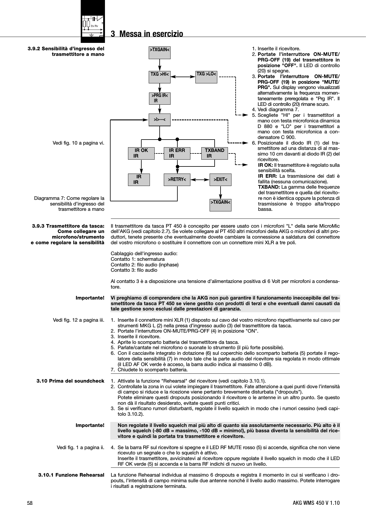 583.9.2 Sensibilità d’ingresso deltrasmettitore a manoVedi fig. 10 a pagina vi.Diagramma 7: Come regolare lasensibilità d’ingresso del trasmettitore a mano3.9.3 Trasmettitore da tasca:Come collegare un microfono/strumentoe come regolare la sensibilitàImportante!Vedi fig. 12 a pagina iii.3.10 Prima del soundcheckImportante!Vedi fig. 1 a pagina ii.3.10.1 Funzione Rehearsal1. Inserite il ricevitore.2. Portate l’interruttore ON-MUTE/PRG-OFF (19) del trasmettitore inposizione &quot;OFF&quot;. Il LED di controllo(20) si spegne.3. Portate l’interruttore ON-MUTE/PRG-OFF (19) in posizione &quot;MUTE/PRG&quot;. Sul display vengono visualizzatialternativamente la frequenza momen-taneamente preregolata e &quot;Prg IR&quot;. IlLED di controllo (20) rimane scuro.4. Vedi diagramma 7.5. Scegliete &quot;HI&quot; per i trasmettitori amano con testa microfonica dinamicaD 880 e &quot;LO&quot; per i trasmettitori amano con testa microfonica a con-densatore C 900.6. Posizionate il diodo IR (1) del tra-smettitore ad una distanza di al mas-simo 10 cm davanti al diodo IR (2) delricevitore.IR OK: Il trasmettitore è regolato sullasensibilità scelta.IR ERR: La trasmissione dei dati èfallita (nessuna comunicazione).TXBAND: La gamma delle frequenzedel trasmettitore e quella del ricevito-re non è identica oppure la potenza ditrasmissione è troppo alta/troppobassa.Il trasmettitore da tasca PT 450 è concepito per essere usato con i microfoni &quot;L&quot; della serie MicroMicdell’AKG (vedi capitolo 2.7). Se volete collegare al PT 450 altri microfoni della AKG o microfoni di altri pro-duttori, tenete presente che eventualmente dovete cambiare la connessione a saldatura del connettoredel vostro microfono o sostituire il connettore con un connettore mini XLR a tre poli.Cablaggio dell&apos;ingresso audio:Contatto 1: schermaturaContatto 2: filo audio (inphase)Contatto 3: filo audio Al contatto 3 è a disposizione una tensione d’alimentazione positiva di 6 Volt per microfoni a condensa-tore.Vi preghiamo di comprendere che la AKG non può garantire il funzionamento ineccepibile del tra-smettitore da tasca PT 450 se viene gestito con prodotti di terzi e che eventuali danni causati datale gestione sono esclusi dalle prestazioni di garanzia.1. Inserite il connettore mini XLR (1) disposto sul cavo del vostro microfono rispettivamente sul cavo perstrumenti MKG L (2) nella presa d’ingresso audio (3) del trasmettitore da tasca.2. Portate l’interruttore ON-MUTE/PRG-OFF (4) in posizione &quot;ON&quot;.3. Inserite il ricevitore.4. Aprite lo scomparto batteria del trasmettitore da tasca.5. Parlate/cantate nel microfono o suonate lo strumento (il più forte possibile).6. Con il cacciavite integrato in dotazione (6) sul coperchio dello scomparto batteria (5) portate il rego-latore della sensibilità (7) in modo tale che la parte audio del ricevitore sia regolata in modo ottimale(il LED AF OK verde è acceso, la barra audio indica al massimo 0 dB).7. Chiudete lo scomparto batteria.1. Attivate la funzione &quot;Rehearsal&quot; del ricevitore (vedi capitolo 3.10.1).2. Controllate la zona in cui volete impiegare il trasmettitore. Fate attenzione a quei punti dove l’intensitàdi campo si riduce e la ricezione viene pertanto brevemente disturbata (&quot;dropouts&quot;). Potete eliminare questi dropouts posizionando il ricevitore o le antenne in un altro punto. Se questonon dà il risultato desiderato, evitate questi punti critici.3. Se si verificano rumori disturbanti, regolate il livello squelch in modo che i rumori cessino (vedi capi-tolo 3.10.2).Non regolate il livello squelch mai più alto di quanto sia assolutamente necessario. Più alto è illivello squelch (-80 dB = massimo, -100 dB = minimo!), più bassa diventa la sensibilità del rice-vitore e quindi la portata tra trasmettitore e ricevitore.4. Se la barra RF sul ricevitore si spegne e il LED RF MUTE rosso (5) si accende, significa che non vienericevuto un segnale o che lo squelch è attivo. Inserite il trasmettitore, avvicinatevi al ricevitore oppure regolate il livello squelch in modo che il LEDRF OK verde (5) si accenda e la barra RF indichi di nuovo un livello.La funzione Rehearsal individua al massimo 6 dropouts e registra il momento in cui si verificano i dro-pouts, l’intensità di campo minima sulle due antenne nonché il livello audio massimo. Potete interrogarei risultati a registrazione terminata.&gt;TXGAIN&lt;&gt;TXGAIN&lt;IRIRTXG &gt;LO&lt;&gt;EXIT&lt;&gt;RETRY&lt;TXBANDIRIR ERRIR&gt;I&gt;---&lt;TXG &gt;HI&lt;&gt;PRG IR&lt;IRIR OKIRAKG WMS 450 V 1.103  Messa in esercizio