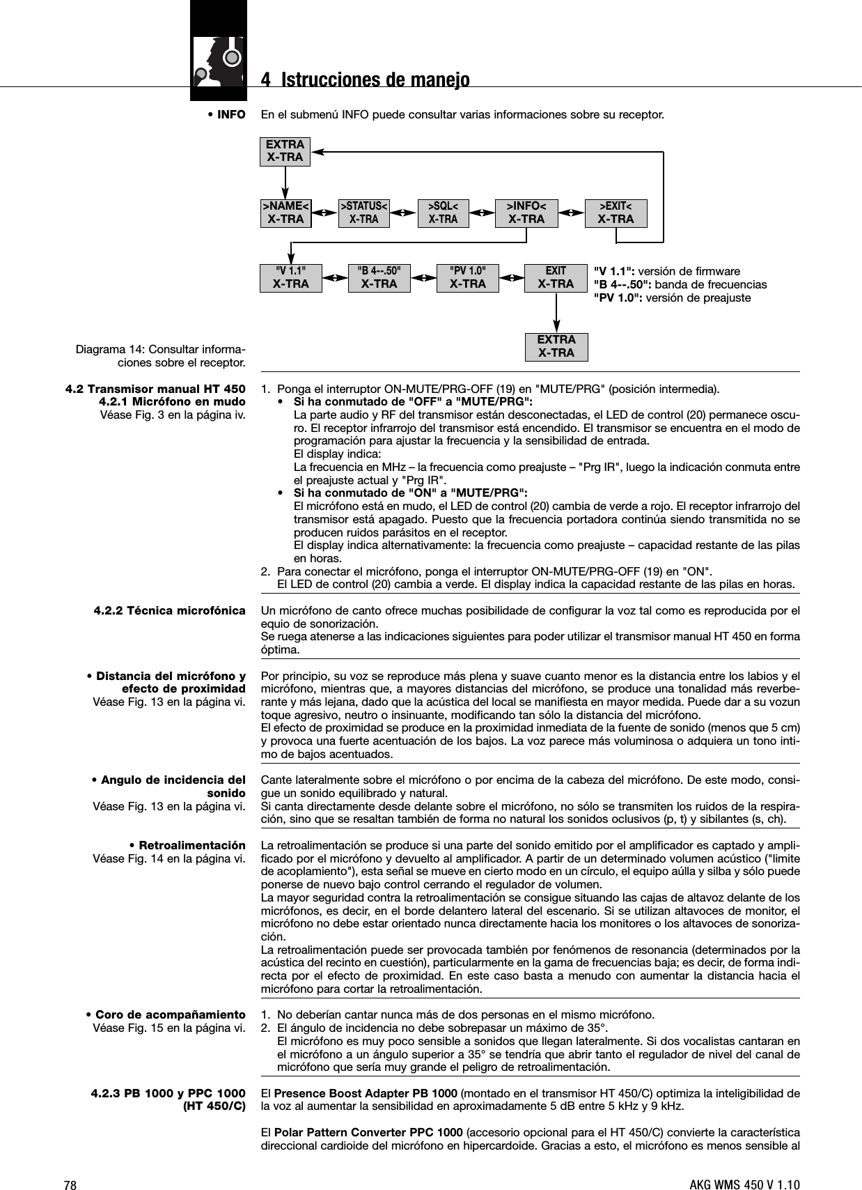 78• INFODiagrama 14: Consultar informa-ciones sobre el receptor.4.2 Transmisor manual HT 4504.2.1 Micrófono en mudoVéase Fig. 3 en la página iv.4.2.2 Técnica microfónica• Distancia del micrófono yefecto de proximidadVéase Fig. 13 en la página vi.• Angulo de incidencia delsonidoVéase Fig. 13 en la página vi.• RetroalimentaciónVéase Fig. 14 en la página vi.• Coro de acompañamientoVéase Fig. 15 en la página vi.4.2.3 PB 1000 y PPC 1000 (HT 450/C)En el submenú INFO puede consultar varias informaciones sobre su receptor.&quot;V 1.1&quot;: versión de firmware&quot;B 4--.50&quot;: banda de frecuencias&quot;PV 1.0&quot;: versión de preajuste1. Ponga el interruptor ON-MUTE/PRG-OFF (19) en &quot;MUTE/PRG&quot; (posición intermedia).• Si ha conmutado de &quot;OFF&quot; a &quot;MUTE/PRG&quot;:La parte audio y RF del transmisor están desconectadas, el LED de control (20) permanece oscu-ro. El receptor infrarrojo del transmisor está encendido. El transmisor se encuentra en el modo deprogramación para ajustar la frecuencia y la sensibilidad de entrada.El display indica:La frecuencia en MHz – la frecuencia como preajuste – &quot;Prg IR&quot;, luego la indicación conmuta entreel preajuste actual y &quot;Prg IR&quot;.• Si ha conmutado de &quot;ON&quot; a &quot;MUTE/PRG&quot;:El micrófono está en mudo, el LED de control (20) cambia de verde a rojo. El receptor infrarrojo deltransmisor está apagado. Puesto que la frecuencia portadora continúa siendo transmitida no seproducen ruidos parásitos en el receptor.El display indica alternativamente: la frecuencia como preajuste – capacidad restante de las pilasen horas.2. Para conectar el micrófono, ponga el interruptor ON-MUTE/PRG-OFF (19) en &quot;ON&quot;.El LED de control (20) cambia a verde. El display indica la capacidad restante de las pilas en horas.Un micrófono de canto ofrece muchas posibilidade de configurar la voz tal como es reproducida por elequio de sonorización.Se ruega atenerse a las indicaciones siguientes para poder utilizar el transmisor manual HT 450 en formaóptima.Por principio, su voz se reproduce más plena y suave cuanto menor es la distancia entre los labios y elmicrófono, mientras que, a mayores distancias del micrófono, se produce una tonalidad más reverbe-rante y más lejana, dado que la acústica del local se manifiesta en mayor medida. Puede dar a su vozuntoque agresivo, neutro o insinuante, modificando tan sólo la distancia del micrófono.El efecto de proximidad se produce en la proximidad inmediata de la fuente de sonido (menos que 5 cm)y provoca una fuerte acentuación de los bajos. La voz parece más voluminosa o adquiera un tono inti-mo de bajos acentuados.Cante lateralmente sobre el micrófono o por encima de la cabeza del micrófono. De este modo, consi-gue un sonido equilibrado y natural.Si canta directamente desde delante sobre el micrófono, no sólo se transmiten los ruidos de la respira-ción, sino que se resaltan también de forma no natural los sonidos oclusivos (p, t) y sibilantes (s, ch).La retroalimentación se produce si una parte del sonido emitido por el amplificador es captado y ampli-ficado por el micrófono y devuelto al amplificador. A partir de un determinado volumen acústico (&quot;limitede acoplamiento&quot;), esta señal se mueve en cierto modo en un círculo, el equipo aúlla y silba y sólo puedeponerse de nuevo bajo control cerrando el regulador de volumen.La mayor seguridad contra la retroalimentación se consigue situando las cajas de altavoz delante de losmicrófonos, es decir, en el borde delantero lateral del escenario. Si se utilizan altavoces de monitor, elmicrófono no debe estar orientado nunca directamente hacia los monitores o los altavoces de sonoriza-ción.La retroalimentación puede ser provocada también por fenómenos de resonancia (determinados por laacústica del recinto en cuestión), particularmente en la gama de frecuencias baja; es decir, de forma indi-recta por el efecto de proximidad. En este caso basta a menudo con aumentar la distancia hacia elmicrófono para cortar la retroalimentación.1. No deberían cantar nunca más de dos personas en el mismo micrófono.2. El ángulo de incidencia no debe sobrepasar un máximo de 35°.El micrófono es muy poco sensible a sonidos que llegan lateralmente. Si dos vocalistas cantaran enel micrófono a un ángulo superior a 35° se tendría que abrir tanto el regulador de nivel del canal demicrófono que sería muy grande el peligro de retroalimentación.El Presence Boost Adapter PB 1000 (montado en el transmisor HT 450/C) optimiza la inteligibilidad dela voz al aumentar la sensibilidad en aproximadamente 5 dB entre 5 kHz y 9 kHz.El Polar Pattern Converter PPC 1000 (accesorio opcional para el HT 450/C) convierte la característicadireccional cardioide del micrófono en hipercardoide. Gracias a esto, el micrófono es menos sensible alEXTRAX-TRAEXTRAX-TRA&quot;V 1.1&quot;X-TRA&quot;PV 1.0&quot;X-TRAEXITX-TRA&gt;EXIT&lt;X-TRA&quot;B 4--.50&quot;X-TRA&gt;NAME&lt;X-TRA&gt;INFO&lt;X-TRA&gt;STATUS&lt;X-TRA &gt;SQL&lt;X-TRAAKG WMS 450 V 1.104  Istrucciones de manejo