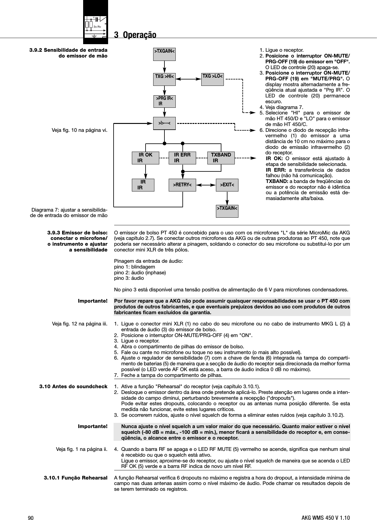 903.9.2 Sensibilidade de entradado emissor de mãoVeja fig. 10 na página vi.Diagrama 7: ajustar a sensibilida-de de entrada do emissor de mão3.9.3 Emissor de bolso: conectar o microfone/o instrumento e ajustar a sensibilidadeImportante!Veja fig. 12 na página iii.3.10 Antes do soundcheckImportante!Veja fig. 1 na página ii.3.10.1 Função Rehearsal1. Ligue o receptor.2. Posicione o interruptor ON-MUTE/PRG-OFF (19) do emissor em &quot;OFF&quot;.O LED de controle (20) apaga-se.3. Posicione o interruptor ON-MUTE/PRG-OFF (19) em &quot;MUTE/PRG&quot;. Odisplay mostra alternadamente a fre-qüência atual ajustada e &quot;Prg IR&quot;. OLED de controle (20) permaneceescuro.4. Veja diagrama 7.5. Selecione &quot;HI&quot; para o emissor demão HT 450/D e &quot;LO&quot; para o emissorde mão HT 450/C.6. Direcione o diodo de recepção infra-vermelho (1) do emissor a umadistância de 10 cm no máximo para odiodo de emissão infravermelho (2)do receptor.IR OK: O emissor está ajustado àetapa de sensibilidade selecionada.IR ERR: a transferência de dadosfalhou (não há comunicação).TXBAND: a banda de freqüências doemissor e do receptor não é idênticaou a potência de emissão está de-masiadamente alta/baixa.O emissor de bolso PT 450 é concebido para o uso com os microfones &quot;L&quot; da série MicroMic da AKG(veja capítulo 2.7). Se conectar outros microfones da AKG ou de outras produtoras ao PT 450, note quepoderia ser necessário alterar a pinagem, soldando o conector do seu microfone ou substitui-lo por umconector mini XLR de três pólos.Pinagem da entrada de áudio:pino 1: blindagempino 2: áudio (inphase)pino 3: áudioNo pino 3 está disponível uma tensão positiva de alimentação de 6 V para microfones condensadores.Por favor repare que a AKG não pode assumir quaisquer responsabilidades se usar o PT 450 comprodutos de outros fabricantes, e que eventuais prejuízos devidos ao uso com produtos de outrosfabricantes ficam excluídos da garantia.1. Ligue o conector mini XLR (1) no cabo do seu microfone ou no cabo de instrumento MKG L (2) àentrada de áudio (3) do emissor de bolso.2. Posicione o interruptor ON-MUTE/PRG-OFF (4) em &quot;ON&quot;.3. Ligue o receptor.4. Abra o compartimento de pilhas do emissor de bolso.5. Fale ou cante no microfone ou toque no seu instrumento (o mais alto possível).6. Ajuste o regulador de sensibilidade (7) com a chave de fenda (6) integrada na tampa do comparti-mento de baterias (5) de maneira que a secção de áudio do receptor seja direcionada da melhor formapossível (o LED verde AF OK está aceso, a barra de áudio indica 0 dB no máximo).7. Feche a tampa do compartimento de pilhas.1. Ative a função &quot;Rehearsal&quot; do receptor (veja capítulo 3.10.1).2. Desloque o emissor dentro da área onde pretende aplicá-lo. Preste atenção em lugares onde a inten-sidade do campo diminui, perturbando brevemente a recepção (&quot;dropouts&quot;). Pode evitar estes dropouts, colocando o receptor ou as antenas numa posição diferente. Se estamedida não funcionar, evite estes lugares críticos.3. Se ocorrerem ruídos, ajuste o nível squelch de forma a eliminar estes ruídos (veja capítulo 3.10.2).Nunca ajuste o nível squelch a um valor maior do que necessário. Quanto maior estiver o nívelsquelch (-80 dB = máx., -100 dB = mín.), menor ficará a sensibilidade do receptor e, em conse-qüência, o alcance entre o emissor e o receptor.4. Quando a barra RF se apaga e o LED RF MUTE (5) vermelho se acende, significa que nenhum sinalé recebido ou que o squelch está ativo.Ligue o emissor, aproxime-se do receptor, ou ajuste o nível squelch de maneira que se acenda o LEDRF OK (5) verde e a barra RF indica de novo um nível RF.A função Rehearsal verifica 6 dropouts no máximo e registra a hora do dropout, a intensidade mínima decampo nas duas antenas assim como o nível máximo de áudio. Pode chamar os resultados depois dese terem terminado os registros.&gt;TXGAIN&lt;&gt;TXGAIN&lt;IRIRTXG &gt;LO&lt;&gt;EXIT&lt;&gt;RETRY&lt;TXBANDIRIR ERRIR&gt;I&gt;---&lt;TXG &gt;HI&lt;&gt;PRG IR&lt;IRIR OKIRAKG WMS 450 V 1.103  Operação