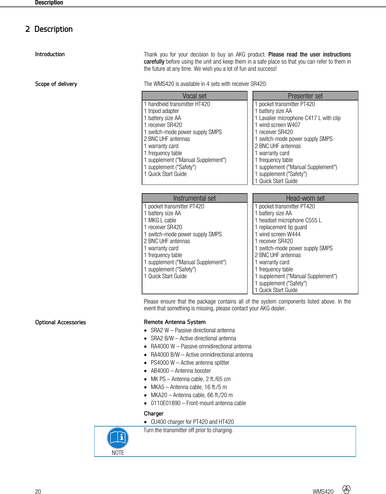20   WMS420    Description    Thank you for your decision to buy an AKG product. Please read the user instructions carefully before using the unit and keep them in a safe place so that you can refer to them in the future at any time. We wish you a lot of fun and success!  The WMS420 is available in 4 sets with receiver SR420: Vocal set  Presenter set 1 handheld transmitter HT420 1 tripod adapter 1 battery size AA 1 receiver SR420 1 switch-mode power supply SMPS 2 BNC UHF antennas 1 warranty card 1 frequency table 1 supplement (&quot;Manual Supplement&quot;) 1 supplement (&quot;Safety&quot;) 1 Quick Start Guide  1 pocket transmitter PT420 1 battery size AA 1 Lavalier microphone C417 L with clip 1 wind screen W407 1 receiver SR420 1 switch-mode power supply SMPS 2 BNC UHF antennas 1 warranty card 1 frequency table 1 supplement (&quot;Manual Supplement&quot;) 1 supplement (&quot;Safety&quot;) 1 Quick Start Guide   Instrumental set  Head-worn set 1 pocket transmitter PT420 1 battery size AA 1 MKG L cable 1 receiver SR420 1 switch-mode power supply SMPS 2 BNC UHF antennas 1 warranty card 1 frequency table 1 supplement (&quot;Manual Supplement&quot;) 1 supplement (&quot;Safety&quot;) 1 Quick Start Guide  1 pocket transmitter PT420 1 battery size AA 1 headset microphone C555 L 1 replacement lip guard 1 wind screen W444 1 receiver SR420 1 switch-mode power supply SMPS 2 BNC UHF antennas 1 warranty card 1 frequency table 1 supplement (&quot;Manual Supplement&quot;) 1 supplement (&quot;Safety&quot;) 1 Quick Start Guide Please ensure that the package contains all of the system components listed above. In the event that something is missing, please contact your AKG dealer.  Remote Antenna System  SRA2 W – Passive directional antenna  SRA2 B/W – Active directional antenna  RA4000 W – Passive omnidirectional antenna  RA4000 B/W – Active omnidirectional antenna  PS4000 W – Active antenna splitter  AB4000 – Antenna booster  MK PS – Antenna cable, 2 ft./65 cm  MKA5 – Antenna cable, 16 ft./5 m  MKA20 – Antenna cable, 66 ft./20 m  0110E01890 – Front-mount antenna cable  Charger  CU400 charger for PT420 and HT420  NOTE Turn the transmitter off prior to charging.    2 Description Introduction Scope of delivery Optional Accessories 