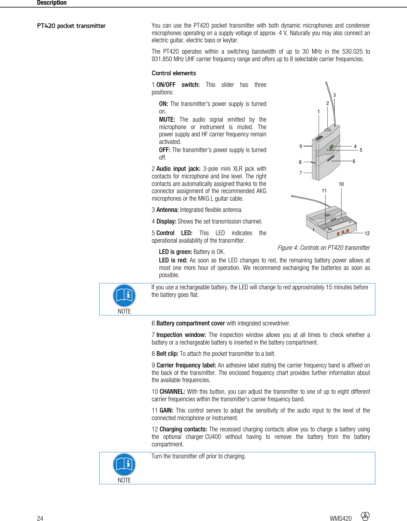 24   WMS420    Description     You can use the PT420 pocket transmitter with both dynamic microphones and condenser microphones operating on a supply voltage of approx. 4 V. Naturally you may also connect an electric guitar, electric bass or keytar. The PT420 operates within a switching bandwidth of up to 30 MHz in the 530.025 to 931.850 MHz UHF carrier frequency range and offers up to 8 selectable carrier frequencies.  Control elements 1 ON/OFF switch: This slider has three positions: ON: The transmitter&apos;s power supply is turned on. MUTE: The audio signal emitted by the microphone or instrument is muted. The power supply and HF carrier frequency remain activated. OFF: The transmitter&apos;s power supply is turned off. 2 Audio input jack: 3-pole mini XLR jack with contacts for microphone and line level. The right contacts are automatically assigned thanks to the connector assignment of the recommended AKG microphones or the MKG L guitar cable. 3 Antenna: Integrated flexible antenna. 4 Display: Shows the set transmission channel. 5 Control LED: This LED indicates the operational availability of the transmitter. LED is green: Battery is OK. LED is red: As soon as the LED changes to red, the remaining battery power allows at most one more hour of operation. We recommend exchanging the batteries as soon as possible.   NOTE If you use a rechargeable battery, the LED will change to red approximately 15 minutes before the battery goes flat. 6 Battery compartment cover with integrated screwdriver. 7 Inspection window: The inspection window allows you at all times to check whether a battery or a rechargeable battery is inserted in the battery compartment. 8 Belt clip: To attach the pocket transmitter to a belt. 9 Carrier frequency label: An adhesive label stating the carrier frequency band is affixed on the back of the transmitter. The enclosed frequency chart provides further information about the available frequencies. 10 CHANNEL: With this button, you can adjust the transmitter to one of up to eight different carrier frequencies within the transmitter&apos;s carrier frequency band. 11 GAIN: This control serves to adapt the sensitivity of the audio input to the level of the connected microphone or instrument. 12 Charging contacts: The recessed charging contacts allow you to charge a battery using the optional charger CU400 without having to remove the battery from the battery compartment.  NOTE Turn the transmitter off prior to charging.   PT420 pocket transmitter  Figure 4: Controls on PT420 transmitter +-111012412586