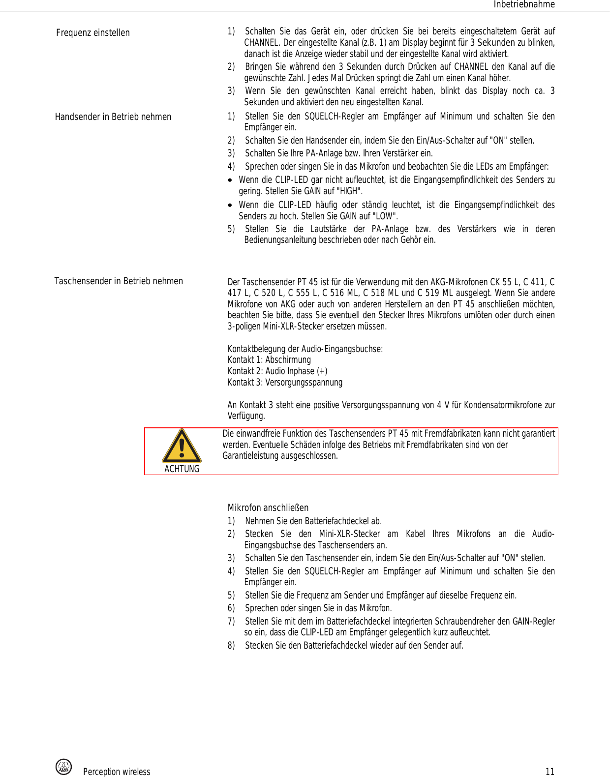 Page 11 of AKG Acoustics PT45 pocket transmitter for wireless microphones User Manual 