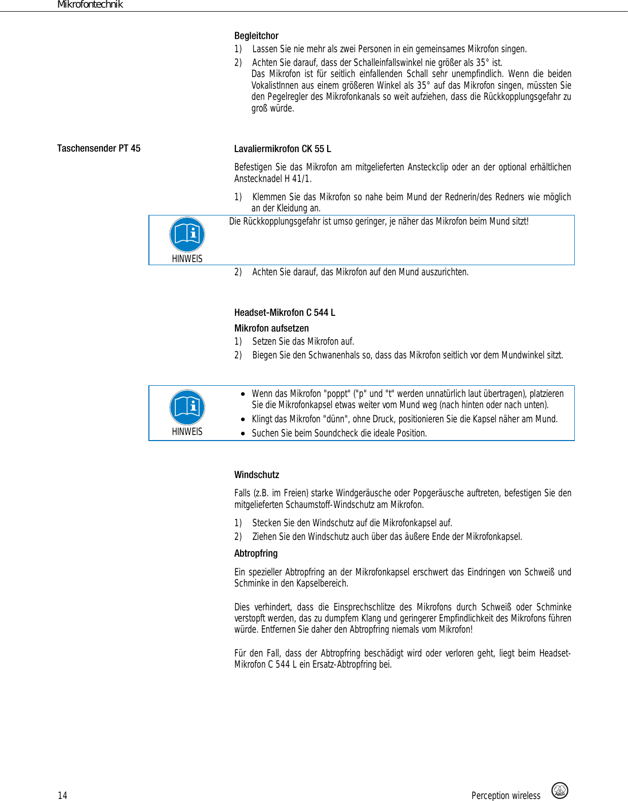 Page 14 of AKG Acoustics PT45 pocket transmitter for wireless microphones User Manual 