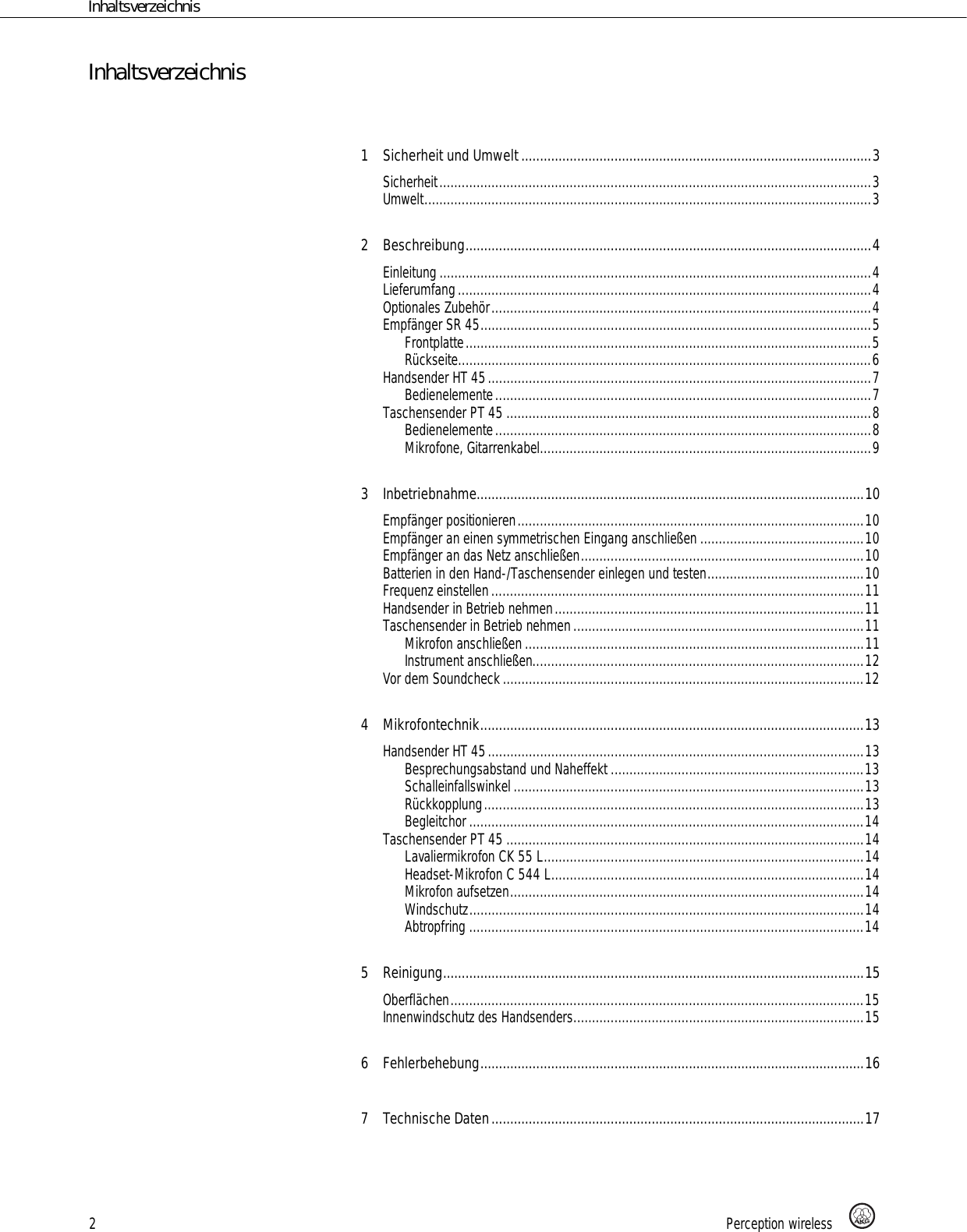 Page 2 of AKG Acoustics PT45 pocket transmitter for wireless microphones User Manual 