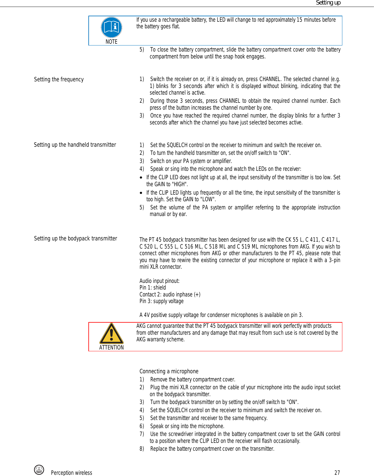 Page 27 of AKG Acoustics PT45 pocket transmitter for wireless microphones User Manual 