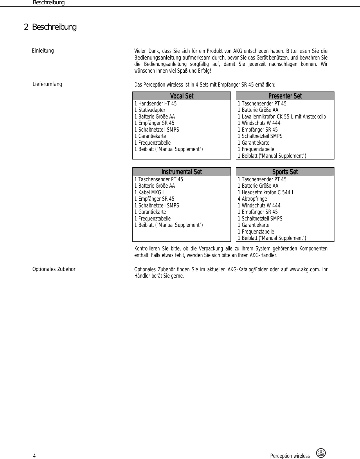 Page 4 of AKG Acoustics PT45 pocket transmitter for wireless microphones User Manual 