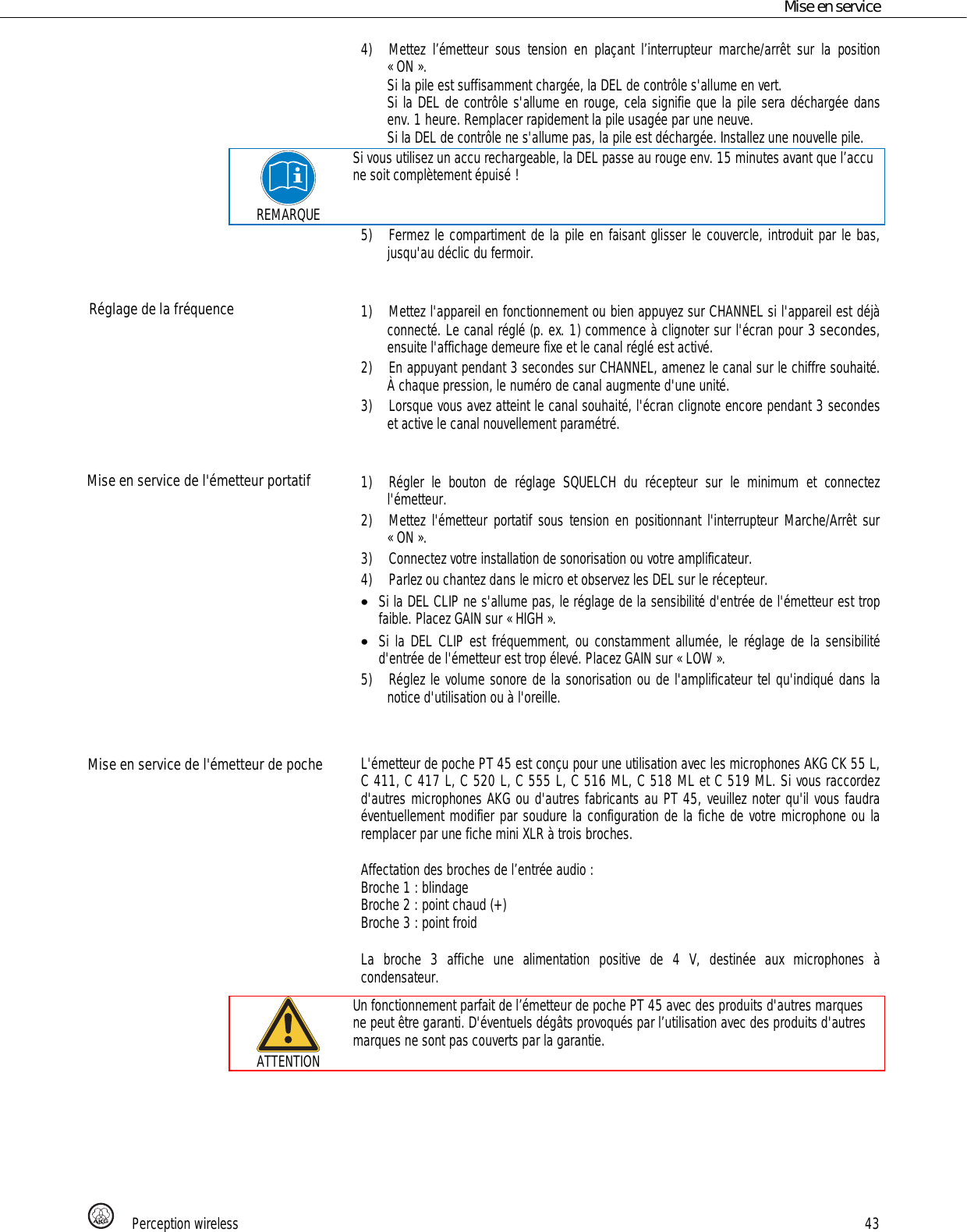 Page 43 of AKG Acoustics PT45 pocket transmitter for wireless microphones User Manual 