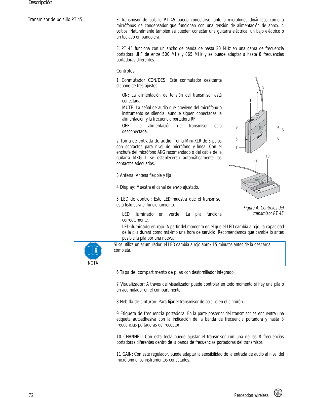 Page 72 of AKG Acoustics PT45 pocket transmitter for wireless microphones User Manual 