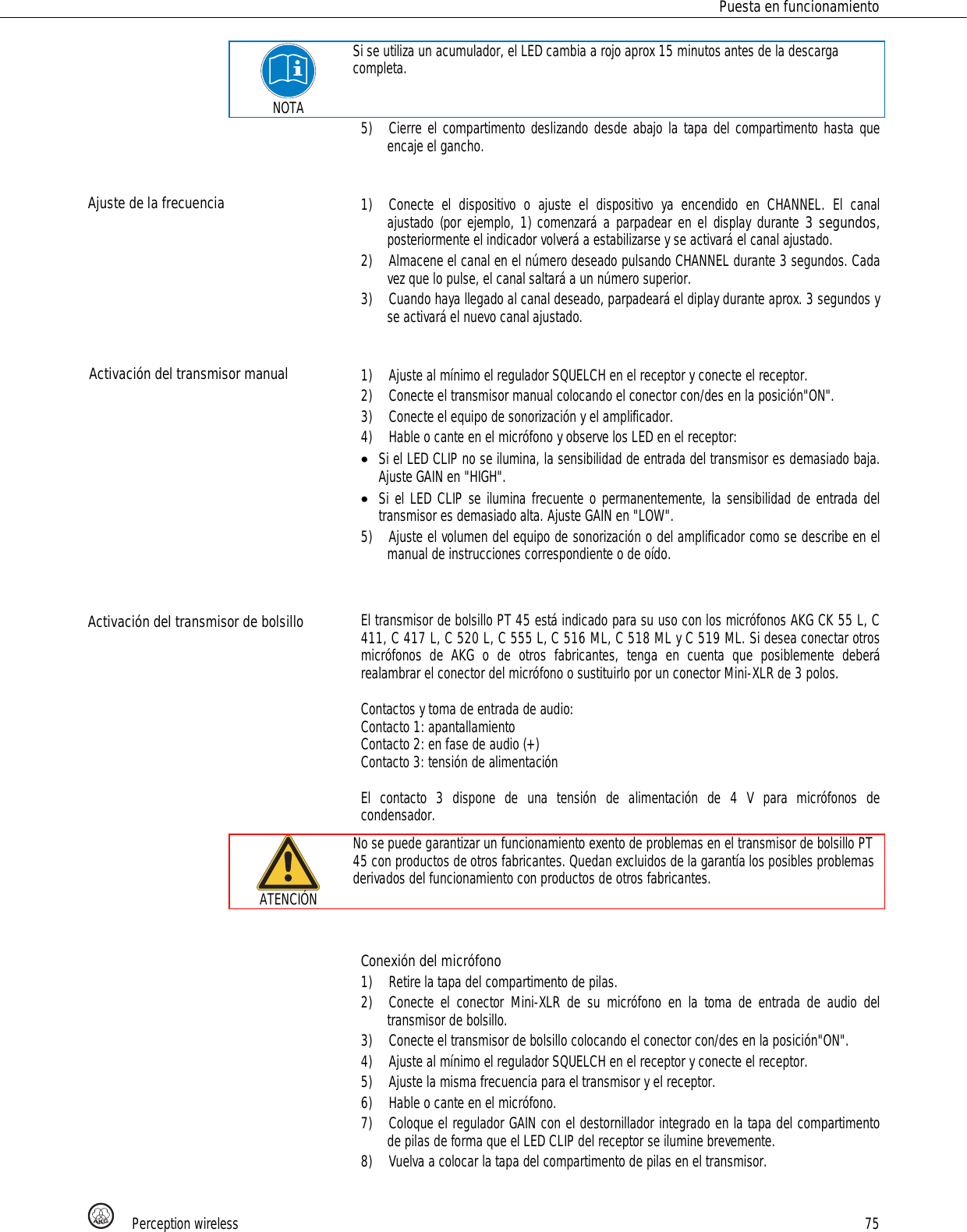 Page 75 of AKG Acoustics PT45 pocket transmitter for wireless microphones User Manual 