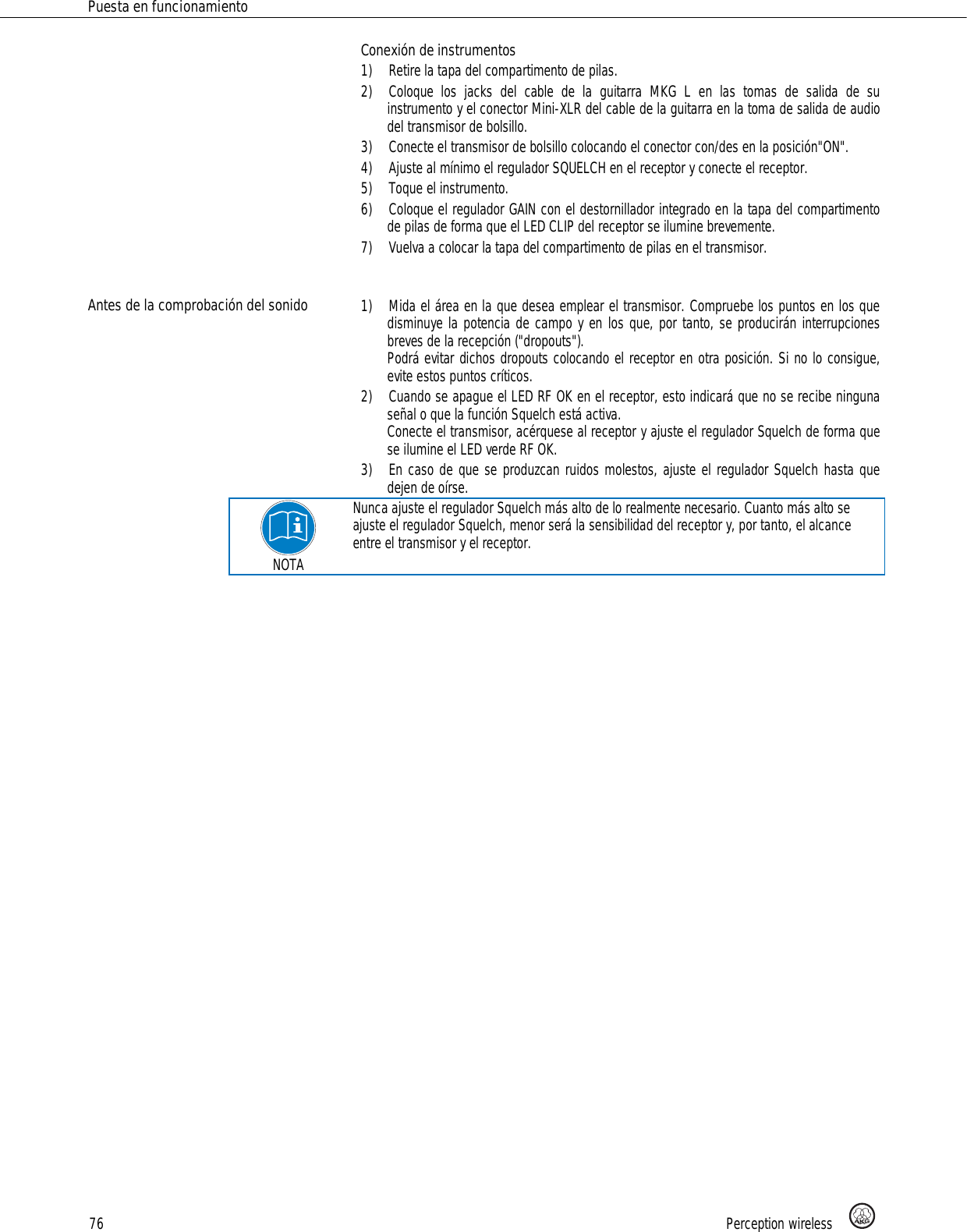 Page 76 of AKG Acoustics PT45 pocket transmitter for wireless microphones User Manual 