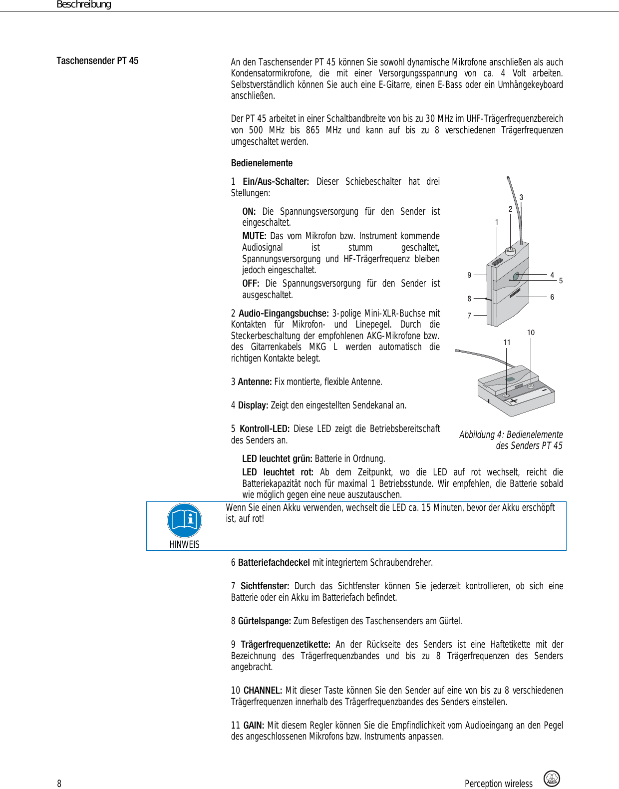 Page 8 of AKG Acoustics PT45 pocket transmitter for wireless microphones User Manual 