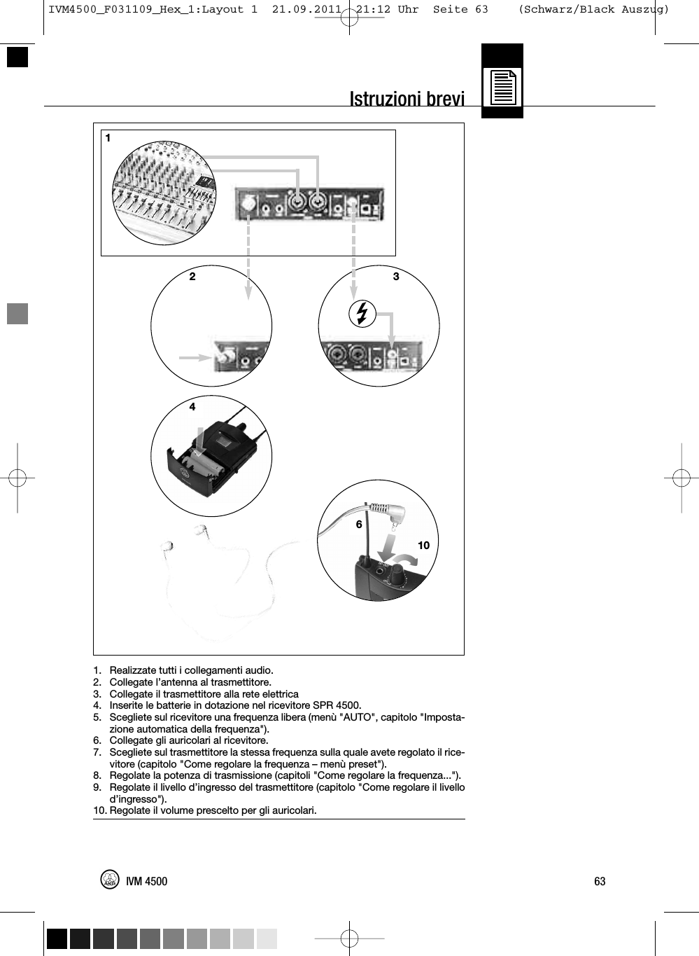 1. Realizzate tutti i collegamenti audio.2. Collegate l’antenna al trasmettitore.3. Collegate il trasmettitore alla rete elettrica4. Inserite le batterie in dotazione nel ricevitore SPR 4500.5. Scegliete sul ricevitore una frequenza libera (menù &quot;AUTO&quot;, capitolo &quot;Imposta-zione automatica della frequenza&quot;).6. Collegate gli auricolari al ricevitore.7. Scegliete sul trasmettitore la stessa frequenza sulla quale avete regolato il rice-vitore (capitolo &quot;Come regolare la frequenza – menù preset&quot;).8. Regolate la potenza di trasmissione (capitoli &quot;Come regolare la frequenza...&quot;).9. Regolate il livello d’ingresso del trasmettitore (capitolo &quot;Come regolare il livellod’ingresso&quot;).10. Regolate il volume prescelto per gli auricolari.63IVM 4500Istruzioni brevi L4321610IVM4500_F031109_Hex_1:Layout 1  21.09.2011  21:12 Uhr  Seite 63    (Schwarz/Black Auszug)