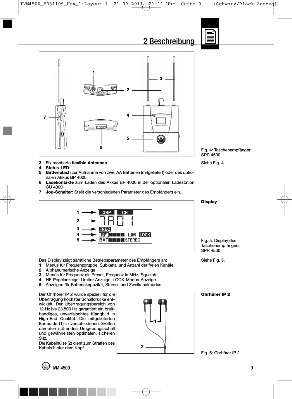 2 BeschreibungFig. 4: TaschenempfängerSPR 4500Siehe Fig. 4.DisplayFig. 5: Display desTaschenempfängersSPR 4500Siehe Fig. 5.Ohrhörer IP 2Fig. 6: Ohrhörer IP 23Fix montierte flexible Antennen4 Status-LED5 Batteriefach zur Aufnahme von zwei AA Batterien (mitgeliefert) oder des optio-nalen Akkus BP 40006 Ladekontakte zum Laden des Akkus BP 4000 in der optionalen LadestationCU 40007 Jog-Schalter: Stellt die verschiedenen Parameter des Empfängers ein.Das Display zeigt sämtliche Betriebsparameter des Empfängers an:1Menüs für Frequenzgruppe, Subkanal und Anzahl der freien Kanäle2Alphanumerische Anzeige3Menüs für Frequenz als Preset, Frequenz in MHz, Squelch4HF-Pegelanzeige, Limiter-Anzeige, LOCK-Modus-Anzeige5Anzeigen für Batteriekapazität, Stereo- und ZweikanalmodusDer Ohrhörer IP 2 wurde speziell für dieÜbertragung höchster Schalldrücke ent-wickelt. Der Übertragungsbereich von12 Hz bis 23.500 Hz garantiert ein breit-bandiges, unverfälschtes Klangbild inHigh-End Qualität. Die mitgeliefertenEarmolds (1) in verschiedenen Größendämpfen störenden Umgebungsschallund gewährleisten optimalen, sicherenSitz.Die Kabelhülse (2) dient zum Straffen desKabels hinter dem Kopf.9IVM 450012746531212345IVM4500_F031109_Hex_1:Layout 1  21.09.2011  21:11 Uhr  Seite 9    (Schwarz/Black Auszug)