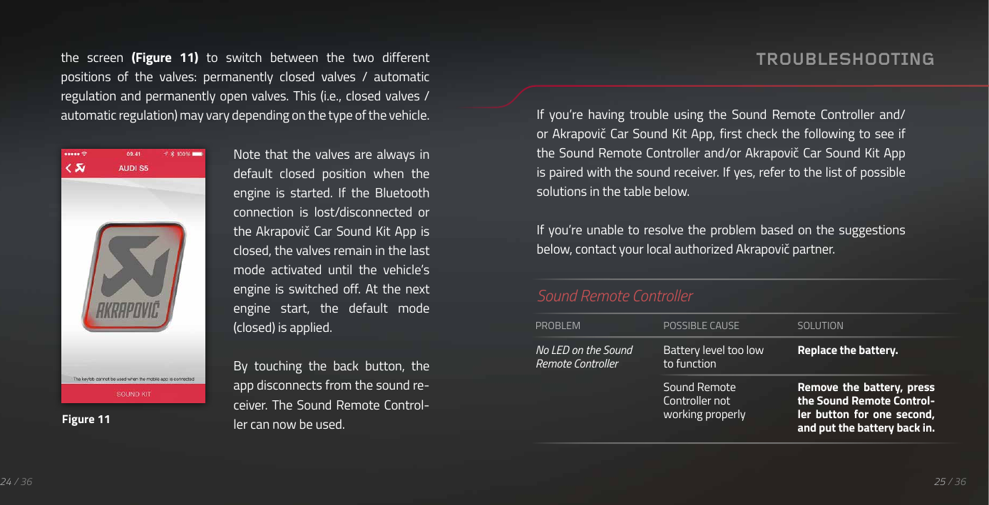 24 / 36the  screen  (Figure  11) to  switch  between  the  two  different positions  of  the  valves:  permanently  closed  valves  /  automatic regulation and permanently open valves. This (i.e., closed valves / automatic regulation) may vary depending on the type of the vehicle.Note that  the  valves are  always  in default  closed  position  when  the engine  is  started.  If  the  Bluetooth connection  is  lost/disconnected  or the Akrapovič Car Sound Kit  App is closed, the valves remain in the last mode  activated  until  the  vehicle&rsquo;s engine  is  switched  off. At  the  next engine  start,  the  default  mode (closed) is applied.By  touching  the  back  button,  the app disconnects from the sound re-ceiver.  The Sound  Remote Control-ler can now be used.Figure 11TROUBLESHOOTINGIf  you&rsquo;re  having  trouble  using  the  Sound  Remote  Controller  and/or Akrapovič Car Sound Kit App, first check the following to see if the Sound Remote Controller and/or Akrapovič Car Sound Kit App is paired with the sound receiver. If yes, refer to the list of possible solutions in the table below.If you&rsquo;re unable to resolve the problem based on  the suggestions below, contact your local authorized Akrapovič partner.Sound Remote ControllerPROBLEMNo LED on the Sound Remote ControllerPOSSIBLE CAUSEBattery level too low to functionSound Remote Controller not working properlySOLUTIONReplace the battery.Remove the  battery,  press the Sound Remote Control-ler  button  for  one  second, and put the battery back in.25 / 36