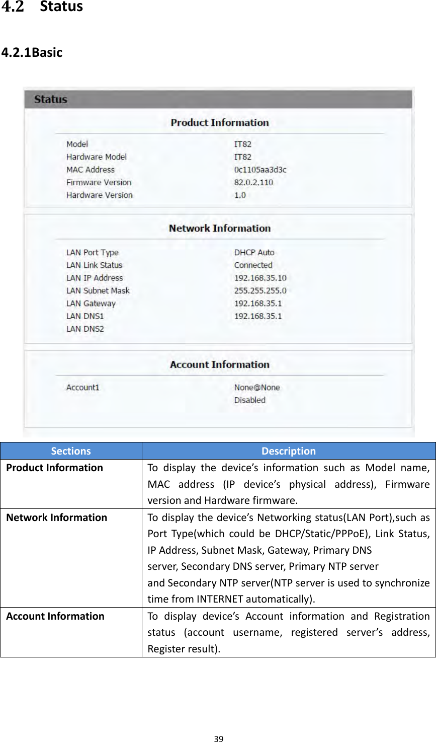 394.2 Status4.2.1 BasicSectionsDescriptionProductInformationTodisplaythedevice&rsquo;sinformationsuchasModelname,MACaddress(IPdevice&rsquo;sphysicaladdress),FirmwareversionandHardwarefirmware.NetworkInformationTodisplaythedevice&rsquo;sNetworkingstatus(LANPort),suchasPortType(whichcouldbeDHCP/Static/PPPoE),LinkStatus,IPAddress,SubnetMask,Gateway,PrimaryDNSserver,SecondaryDNSserver,PrimaryNTPserverandSecondaryNTPserver(NTPserverisusedtosynchronizetimefromINTERNETautomatically).AccountInformationTodisplaydevice&rsquo;sAccountinformationandRegistrationstatus(accountusername,registeredserver&rsquo;saddress,Registerresult).