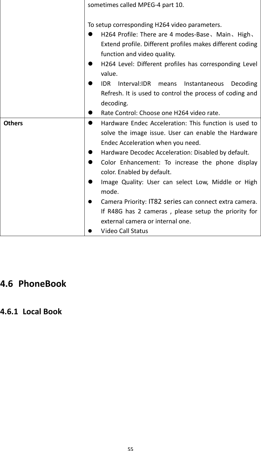 55sometimescalledMPEG‐4part10.TosetupcorrespondingH264videoparameters. H264Profile:Thereare4modes‐Base、Main、High、Extendprofile.Differentprofilesmakesdifferentcodingfunctionandvideoquality. H264Level:DifferentprofileshascorrespondingLevelvalue. IDRInterval:IDRmeansInstantaneousDecodingRefresh.Itisusedtocontroltheprocessofcodinganddecoding. RateControl:ChooseoneH264videorate.Others HardwareEndecAcceleration:Thisfunctionisusedtosolvetheimageissue.UsercanenabletheHardwareEndecAccelerationwhenyouneed. HardwareDecodecAcceleration:Disabledbydefault. ColorEnhancement:Toincreasethephonedisplaycolor.Enabledbydefault. ImageQuality:UsercanselectLow,MiddleorHighmode. CameraPriority:IT82seriescanconnectextracamera.IfR48Ghas2cameras,pleasesetupthepriorityforexternalcameraorinternalone.  VideoCallStatus 4.6 PhoneBook4.6.1 LocalBook