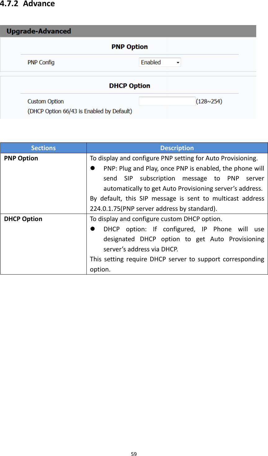 594.7.2 AdvanceSectionsDescriptionPNPOptionTodisplayandconfigurePNPsettingforAutoProvisioning. PNP:PlugandPlay,oncePNPisenabled,thephonewillsendSIPsubscriptionmessagetoPNPserverautomaticallytogetAutoProvisioningserver&rsquo;saddress.Bydefault,thisSIPmessageissenttomulticastaddress224.0.1.75(PNPserveraddressbystandard).DHCPOptionTodisplayandconfigurecustomDHCPoption. DHCPoption:Ifconfigured,IPPhonewillusedesignatedDHCPoptiontogetAutoProvisioningserver&rsquo;saddressviaDHCP.ThissettingrequireDHCPservertosupportcorrespondingoption.
