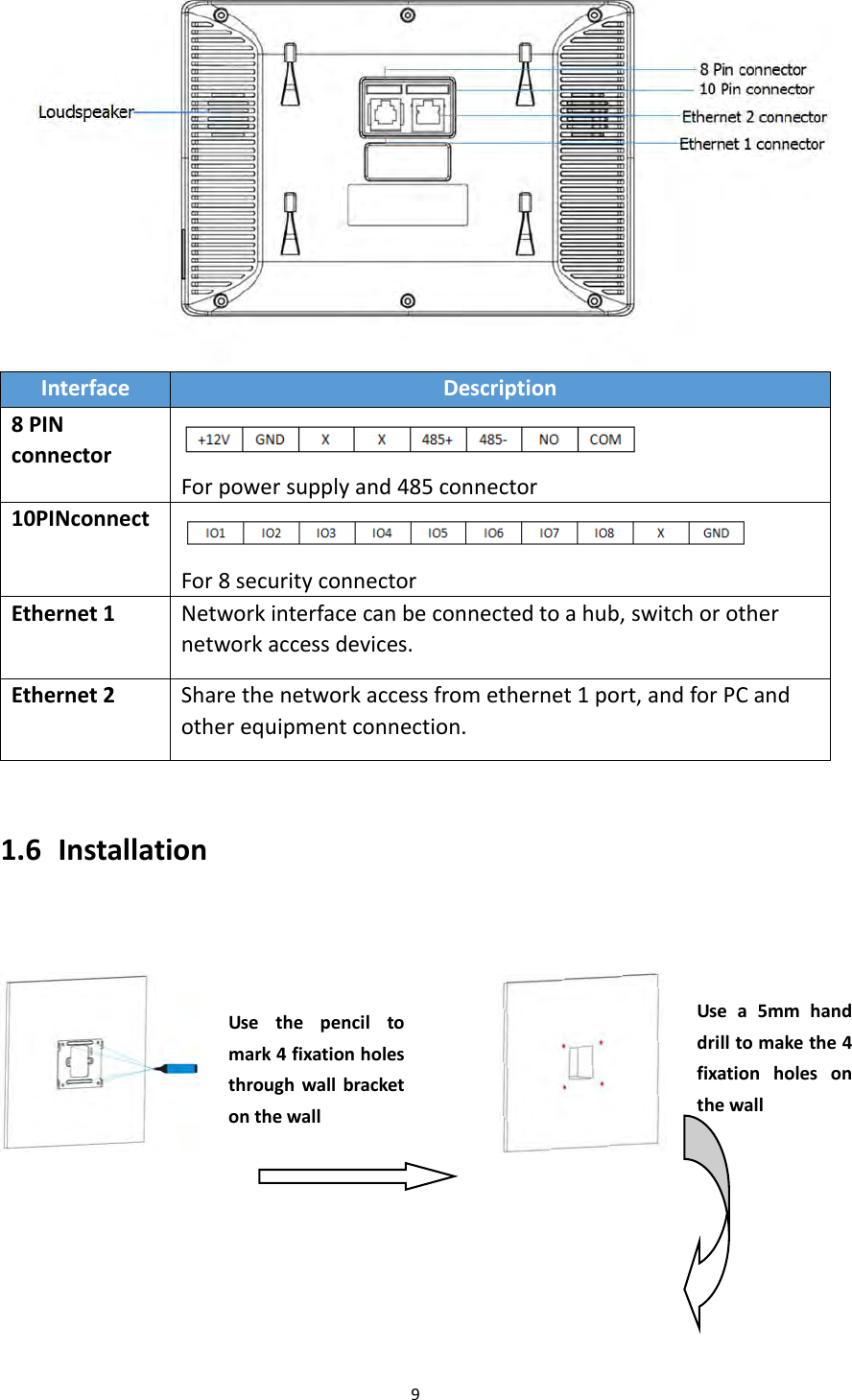 9InterfaceDescription8PINconnectorForpowersupplyand485connector10PINconnectFor8securityconnectorEthernet1Networkinterfacecanbeconnectedtoahub,switchorothernetworkaccessdevices.Ethernet2Sharethenetworkaccessfromethernet1port,andforPCandotherequipmentconnection.1.6 Installation Usethepenciltomark4fixationholesthroughwallbracketonthewallUsea5mmhanddrilltomakethe4fixationholesonthewall