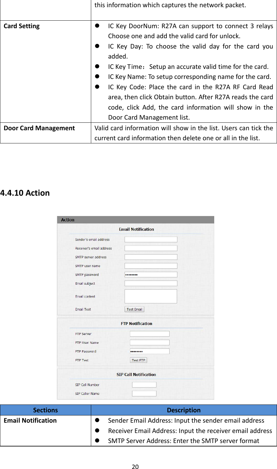  20thisinformationwhichcapturesthenetworkpacket.CardSetting ICKeyDoorNum:R27Acansupporttoconnect3relaysChooseoneandaddthevalidcardforunlock. ICKeyDay:Tochoosethevaliddayforthecardyouadded. ICKeyTime：Setupanaccuratevalidtimeforthecard. ICKeyName:Tosetupcorrespondingnameforthecard. ICKeyCode:PlacethecardintheR27ARFCardReadarea,thenclickObtainbutton.AfterR27Areadsthecardcode,clickAdd,thecardinformationwillshowintheDoorCardManagementlist.DoorCardManagementValidcardinformationwillshowinthelist.Userscantickthecurrentcardinformationthendeleteoneorallinthelist.4.4.10ActionSectionsDescriptionEmailNotification SenderEmailAddress:Inputthesenderemailaddress ReceiverEmailAddress:Inputthereceiveremailaddress SMTPServerAddress:EntertheSMTPserverformat