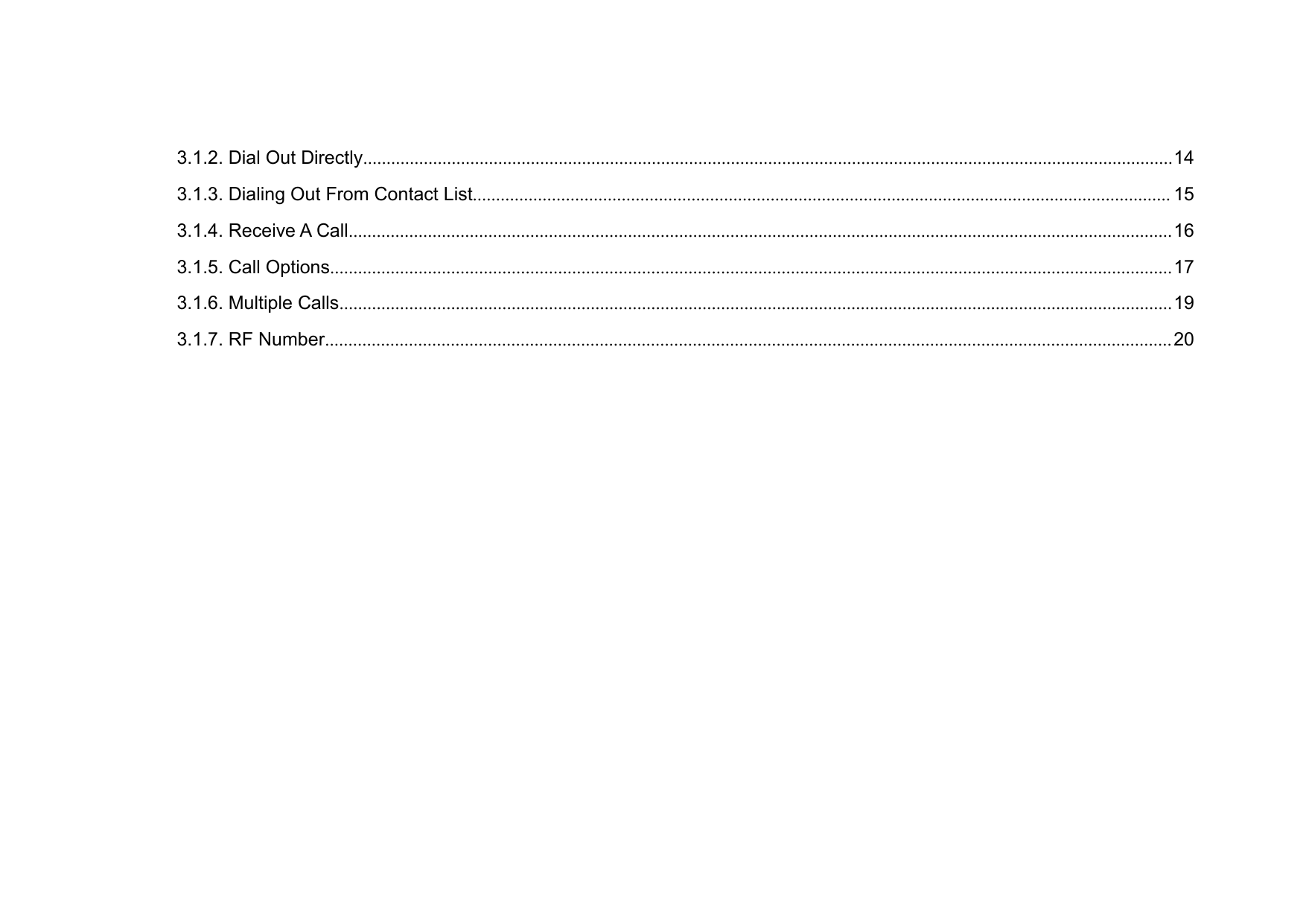 3.1.2. Dial Out Directly..............................................................................................................................................................................143.1.3. Dialing Out From Contact List...................................................................................................................................................... 153.1.4. Receive A Call.................................................................................................................................................................................163.1.5. Call Options.....................................................................................................................................................................................173.1.6. Multiple Calls................................................................................................................................................................................... 193.1.7. RF Number...................................................................................................................................................................................... 20
