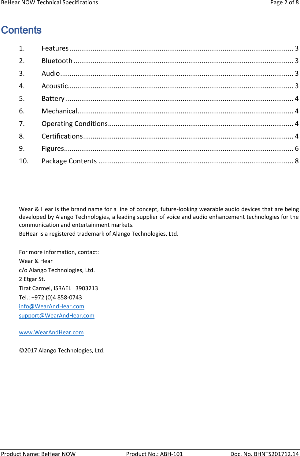 Page 2 of ALANGO TECHNOLOGIES ABH-101 Bluetooth Headset User Manual BeHear NOW Technical Specifications