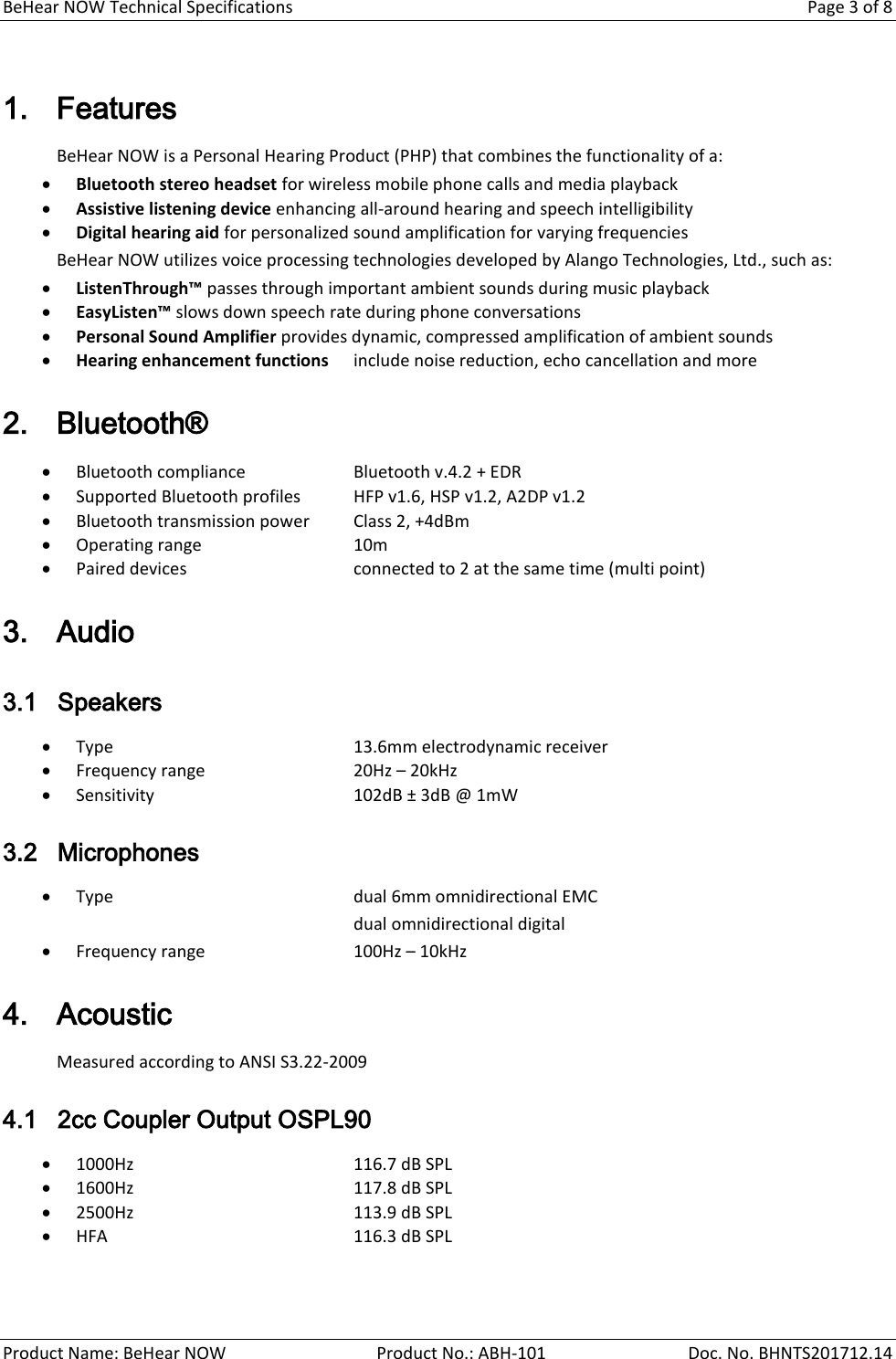 Page 3 of ALANGO TECHNOLOGIES ABH-101 Bluetooth Headset User Manual BeHear NOW Technical Specifications
