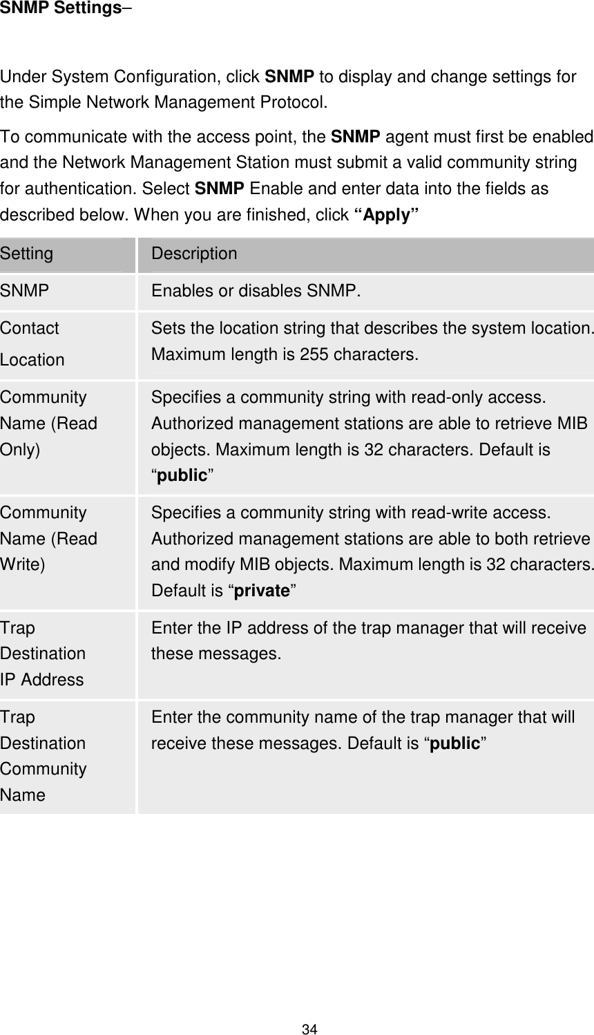  34 SNMP Settings–  Under System Configuration, click SNMP to display and change settings for the Simple Network Management Protocol. To communicate with the access point, the SNMP agent must first be enabled and the Network Management Station must submit a valid community string for authentication. Select SNMP Enable and enter data into the fields as described below. When you are finished, click “Apply” Setting  Description SNMP  Enables or disables SNMP. Contact Location Sets the location string that describes the system location. Maximum length is 255 characters. Community Name (Read Only) Specifies a community string with read-only access. Authorized management stations are able to retrieve MIB objects. Maximum length is 32 characters. Default is “public” Community Name (Read Write) Specifies a community string with read-write access. Authorized management stations are able to both retrieve and modify MIB objects. Maximum length is 32 characters. Default is “private” Trap Destination   IP Address Enter the IP address of the trap manager that will receive these messages. Trap Destination Community Name Enter the community name of the trap manager that will receive these messages. Default is “public” 