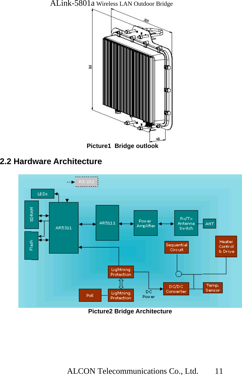   ALink-5801a Wireless LAN Outdoor Bridge                  ALCON Telecommunications Co., Ltd.   11         Picture1  Bridge outlook  2.2 Hardware Architecture     Picture2 Bridge Architecture 
