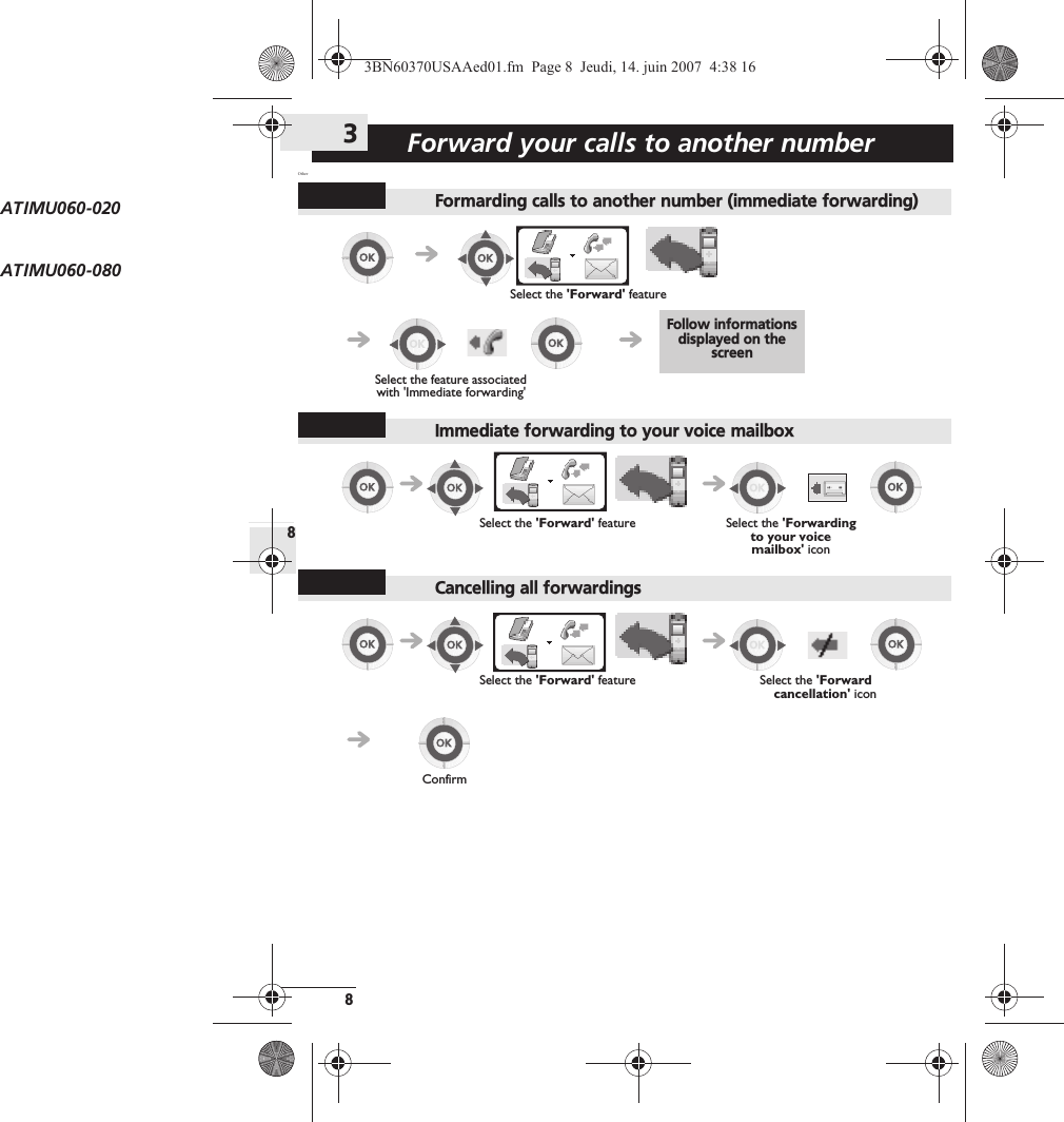 8Forward your calls to another number83OtherFormarding calls to another number (immediate forwarding)Immediate forwarding to your voice mailboxCancelling all forwardingsSelect the &apos;Forward&apos; featureFollow informations displayed on the screenSelect the feature associated with &apos;Immediate forwarding&apos;Select the &apos;Forward&apos; feature Select the &apos;Forwarding to your voice mailbox&apos; iconSelect the &apos;Forward&apos; feature Select the &apos;Forwardcancellation&apos; iconConfirmATIMU060-020ATIMU060-0803BN60370USAAed01.fm  Page 8  Jeudi, 14. juin 2007  4:38 16123123123