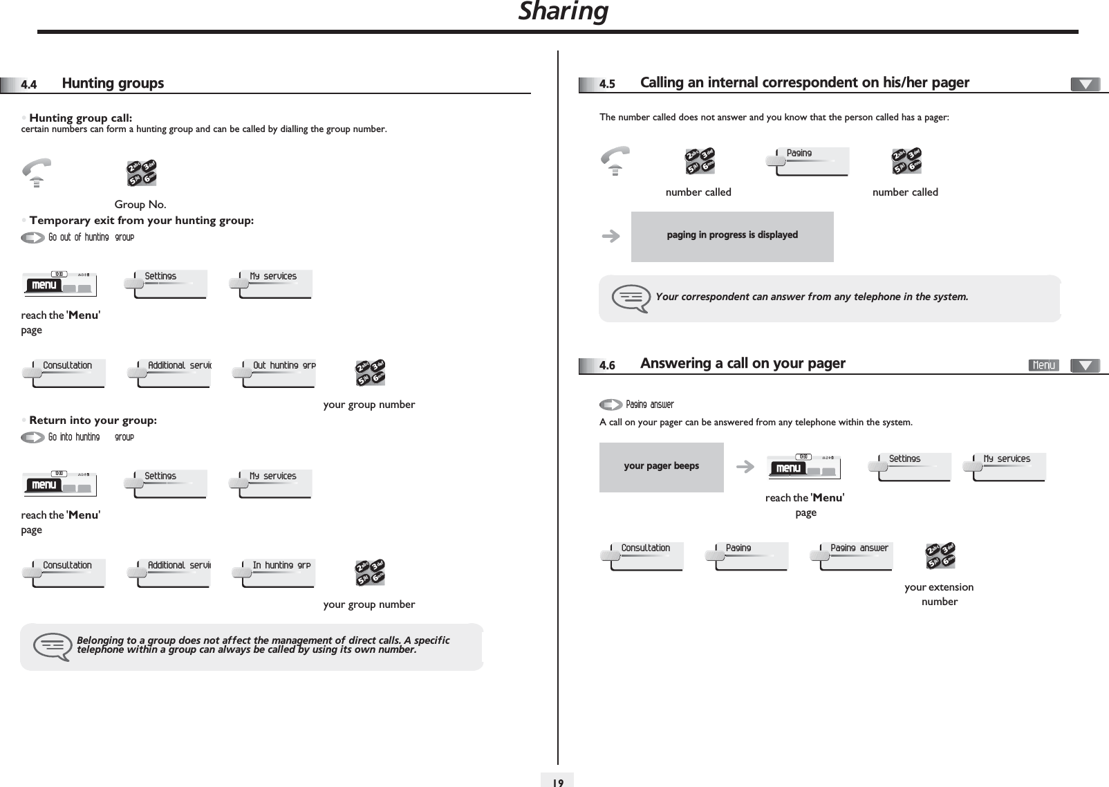 Sharing1944.4 Hunting groups•Hunting group call:certain numbers can form a hunting group and can be called by dialling the group number.•Temporary exit from your hunting group:•Return into your group:Group No.reach the &apos;Menu&apos; pageyour group numberreach the &apos;Menu&apos; pageyour group numberBelonging to a group does not affect the management of direct calls. A specific telephone within a group can always be called by using its own number.2653ab cdefjklmnoGo out of hunting  groupmenu10:30SettingsMy servicesConsultationAdditional servicOut hunting grp2653ab cdefjklmnoGo into hunting  groupmenu10:30SettingsMy servicesConsultationAdditional servicIn hunting grp2653ab cdefjklmno4.5Calling an internal correspondent on his/her pagerThe number called does not answer and you know that the person called has a pager:4.6Answering a call on your pager     A call on your pager can be answered from any telephone within the system.number called number calledpaging in progress is displayedYour correspondent can answer from any telephone in the system.2653ab cdefjklmnoPaging2653ab cdefjklmnoyour pager beepsreach the &apos;Menu&apos; pageyour extension numberPaging answermenu10:30SettingsMy servicesConsultationPagingPaging answer2653ab cdefjklmno