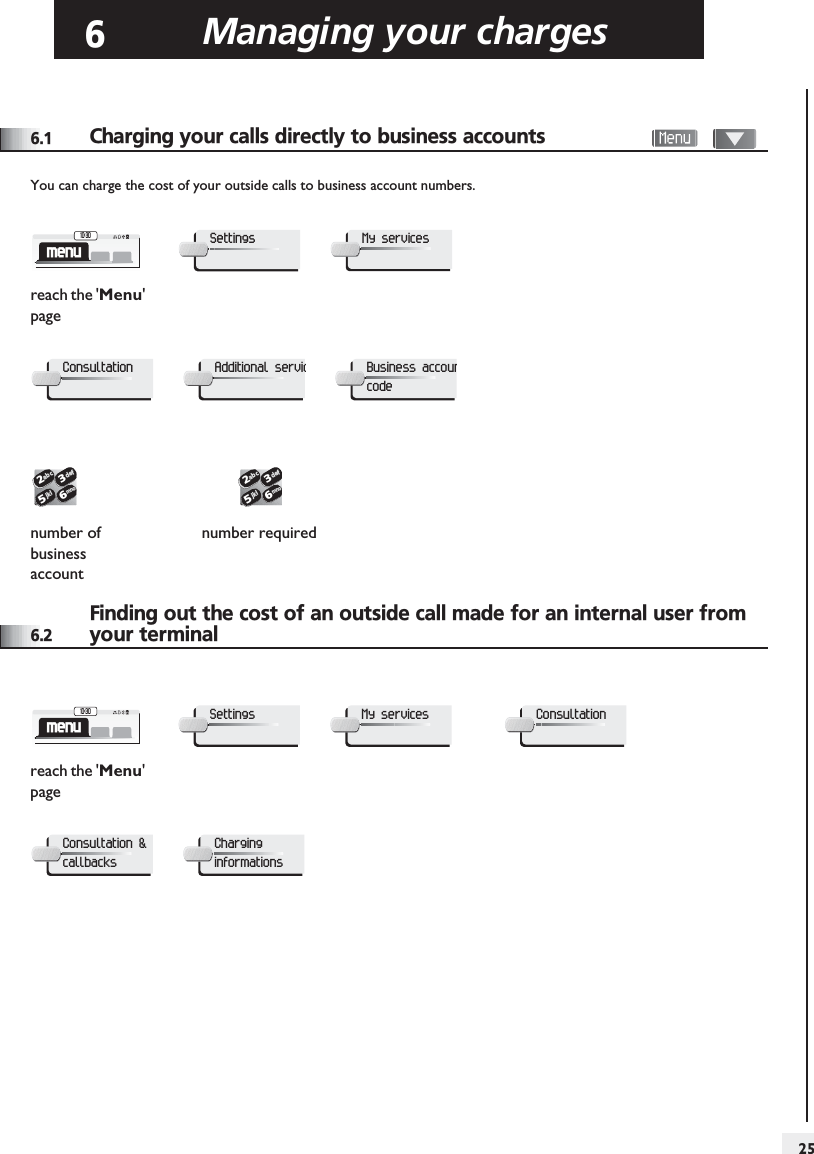 Managing your charges256Other6.1 Charging your calls directly to business accounts     You can charge the cost of your outside calls to business account numbers.6.2Finding out the cost of an outside call made for an internal user from your terminalreach the &apos;Menu&apos; pagenumber of business accountnumber requiredmenu10:30SettingsMy servicesConsultationAdditional servicBusiness accouncode2653ab cdefjklmno2653ab cdefjklmnoreach the &apos;Menu&apos; pagemenu10:30SettingsMy servicesConsultationConsultation &amp; callbacksCharging informations