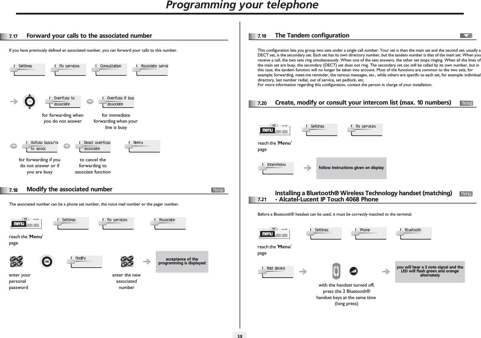 Programming your telephone3077.17 Forward your calls to the associated numberIf you have previously defined an associated number, you can forward your calls to this number.7.18 Modify the associated numberThe associated number can be a phone set number, the voice mail number or the pager number.for forwarding when you do not answerfor immediate forwarding when your line is busyfor forwarding if you do not answer or if you are busyto cancel the forwarding to associate functionSettingsMy servicesConsultationAssociate servicOverflow to associateOROverflow if busassociateOROvflow busy/noto assocORDeact overflow associateApplyreach the &apos;Menu&apos; pageacceptance of the programming is displayedenter your personal passwordenter the new associated numbermenu10:30SettingsMy servicesAssociate2653ab cdefjklmnoModify2653ab cdefjklmno7.19 The Tandem configurationThis configuration lets you group two sets under a single call number. Your set is then the main set and the second set, usually a DECT set, is the secondary set. Each set has its own directory number, but the tandem number is that of the main set. When you receive a call, the two sets ring simultaneously. When one of the sets answers, the other set stops ringing. When all the lines of the main set are busy, the secondary (DECT) set does not ring. The secondary set can still be called by its own number, but in this case, the tandem function will no longer be taken into account. Most of the functions are common to the two sets, for example: forwarding, meet-me reminder, the various messages, etc., while others are specific to each set, for example: individual directory, last number redial, out of service, set padlock, etc.For more information regarding this configuration, contact the person in charge of your installation.7.20 Create, modify or consult your intercom list (max. 10 numbers)7.21Installing a Bluetooth® Wireless Technology handset (matching)  - Alcatel-Lucent IP Touch 4068 PhoneBefore a Bluetooth® headset can be used, it must be correctly matched to the terminal. reach the &apos;Menu&apos; pagefollow instructions given on displaymenu10:30SettingsMy servicesInterphonyreach the &apos;Menu&apos; pageyou will hear a 3 note signal and the LED will flash green and orange alternatelywith the handset turned off, press the 2 Bluetooth® handset keys at the same time (long press)menu10:30SettingsPhoneBluetoothAdd device