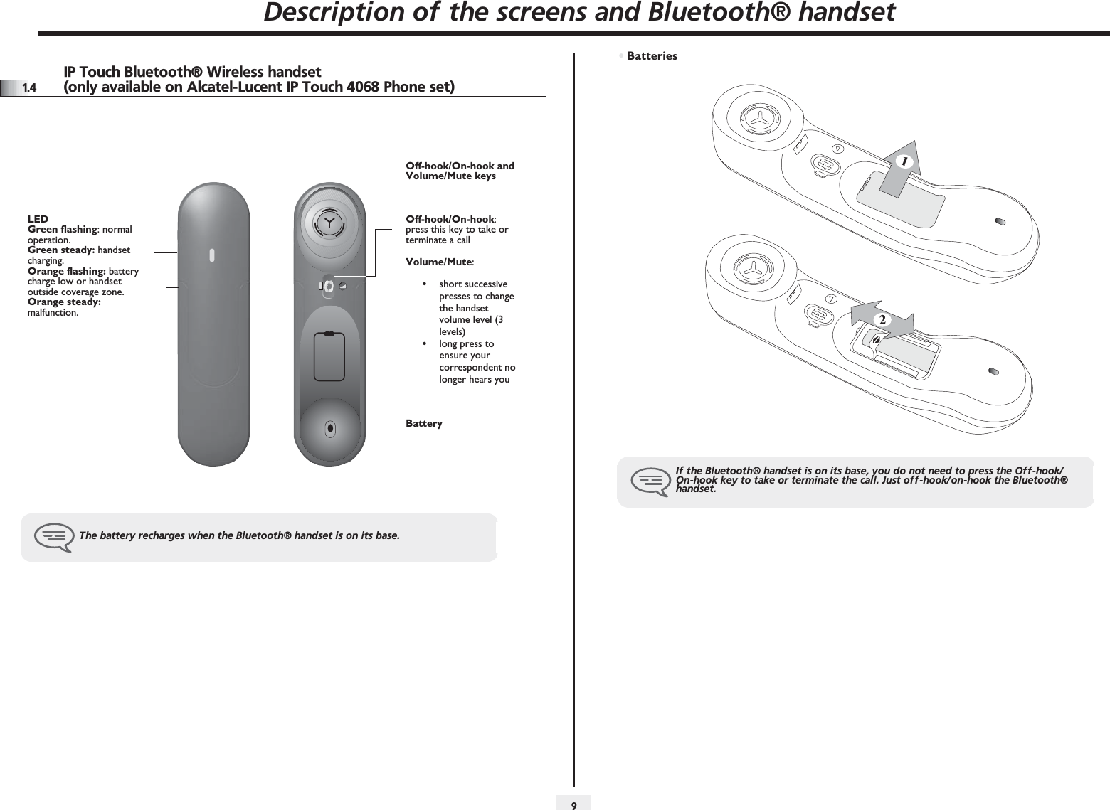 Description of the screens and Bluetooth® handset911.4IP Touch Bluetooth® Wireless handset (only available on Alcatel-Lucent IP Touch 4068 Phone set)Off-hook/On-hook and Volume/Mute keysLED Green flashing: normal operation.Green steady: handset charging.Orange flashing: battery charge low or handset outside coverage zone.Orange steady: malfunction.Off-hook/On-hook: press this key to take or terminate a callVolume/Mute:•short successive presses to change the handset volume level (3 levels)•long press to ensure your correspondent no longer hears youBatteryThe battery recharges when the Bluetooth® handset is on its base.•BatteriesIf the Bluetooth® handset is on its base, you do not need to press the Off-hook/On-hook key to take or terminate the call. Just off-hook/on-hook the Bluetooth® handset.21