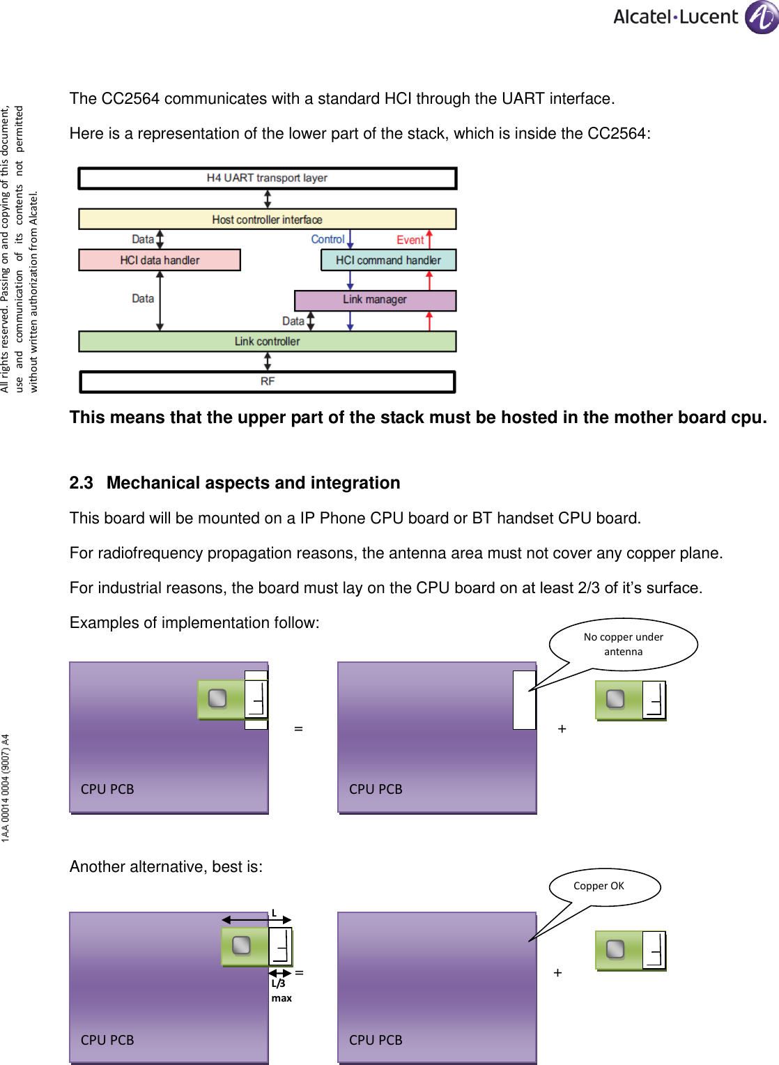      All rights reserved. Passing on and copying of this document, use  and  communication  of  its  contents  not  permitted without written authorization from Alcatel.  The CC2564 communicates with a standard HCI through the UART interface. Here is a representation of the lower part of the stack, which is inside the CC2564:  This means that the upper part of the stack must be hosted in the mother board cpu. 2.3 Mechanical aspects and integration This board will be mounted on a IP Phone CPU board or BT handset CPU board. For radiofrequency propagation reasons, the antenna area must not cover any copper plane. For industrial reasons, the board must lay on the CPU board on at least 2/3 of it’s surface. Examples of implementation follow:  =  +   =                +    Another alternative, best is:     =             +       CPU PCB       CPU PCB       CPU PCB Copper OK       CPU PCB No copper under antenna L L/3 max 