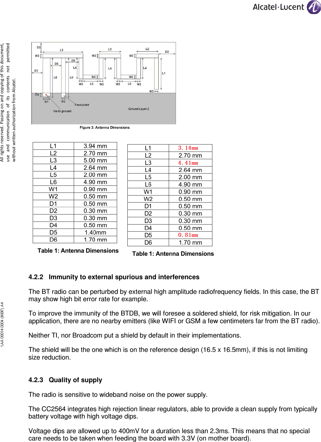     All rights reserved. Passing on and copying of this document, use  and  communication  of  its  contents not  permitted without written authorization from Alcatel.    4.2.2  Immunity to external spurious and interferences The BT radio can be perturbed by external high amplitude radiofrequency fields. In this case, the BT may show high bit error rate for example. To improve the immunity of the BTDB, we will foresee a soldered shield, for risk mitigation. In our application, there are no nearby emitters (like WIFI or GSM a few centimeters far from the BT radio).  Neither TI, nor Broadcom put a shield by default in their implementations.  The shield will be the one which is on the reference design (16.5 x 16.5mm), if this is not limiting size reduction. 4.2.3  Quality of supply The radio is sensitive to wideband noise on the power supply.  The CC2564 integrates high rejection linear regulators, able to provide a clean supply from typically battery voltage with high voltage dips. Voltage dips are allowed up to 400mV for a duration less than 2.3ms. This means that no special care needs to be taken when feeding the board with 3.3V (on mother board). 