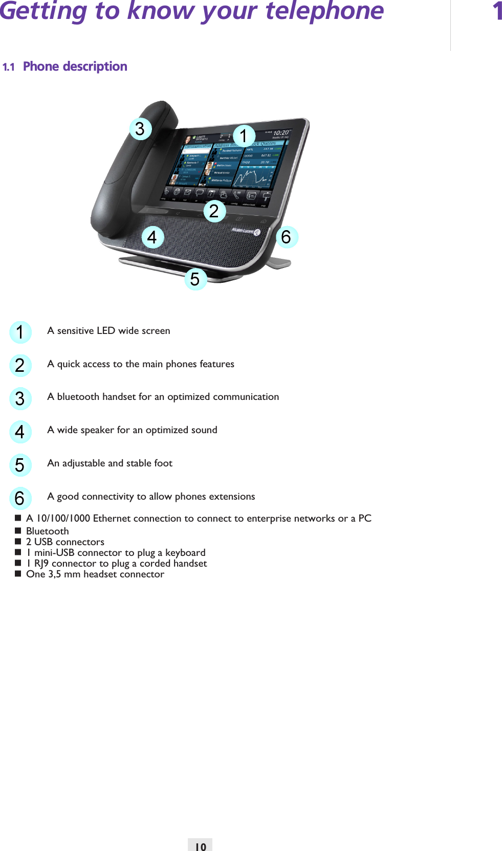 Getting to know your telephone 110Other1.1 Phone descriptionA sensitive LED wide screenA quick access to the main phones featuresA bluetooth handset for an optimized communicationA wide speaker for an optimized soundAn adjustable and stable footA good connectivity to allow phones extensionsA 10/100/1000 Ethernet connection to connect to enterprise networks or a PCBluetooth2 USB connectors1 mini-USB connector to plug a keyboard1 RJ9 connector to plug a corded handsetOne 3,5 mm headset connector