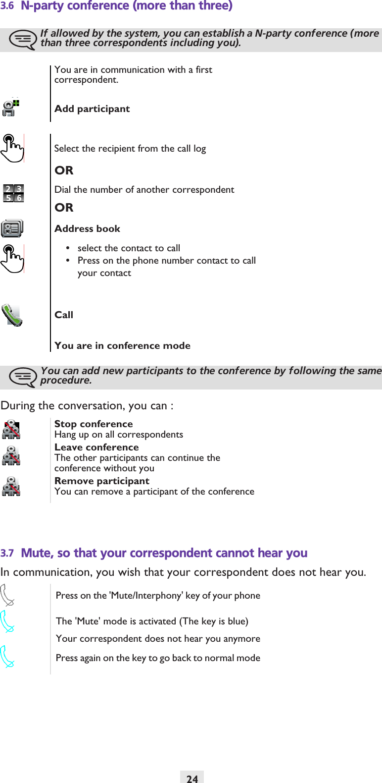 243.6 N-party conference (more than three)During the conversation, you can :3.7 Mute, so that your correspondent cannot hear youIn communication, you wish that your correspondent does not hear you.If allowed by the system, you can establish a N-party conference (more than three correspondents including you).You are in communication with a first correspondent.Add participantSelect the recipient from the call logORDial the number of another correspondentORAddress book•select the contact to call•Press on the phone number contact to call your contactCallYou are in conference modeYou can add new participants to the conference by following the same procedure.Stop conferenceHang up on all correspondentsLeave conferenceThe other participants can continue the conference without youRemove participantYou can remove a participant of the conferencePress on the &apos;Mute/Interphony&apos; key of your phoneThe &apos;Mute&apos; mode is activated (The key is blue)Your correspondent does not hear you anymorePress again on the key to go back to normal mode