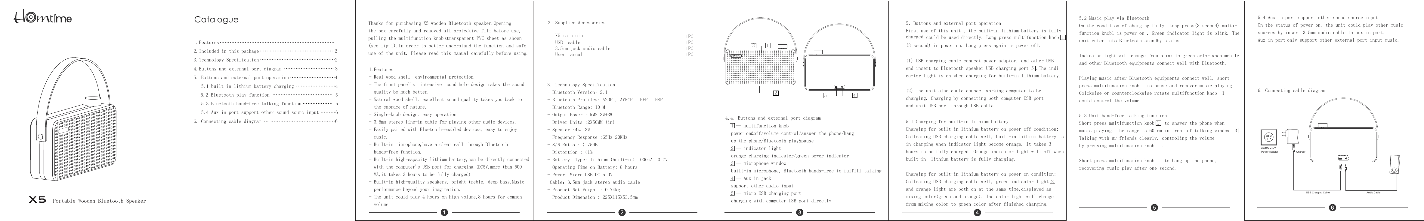 6. Connecting cable diagram1. Features……………………………………………………………12. Included in this package ………………………………………23. Technology Specification ………………………………………24. Buttons and external port diagram  ………………………… 35. Buttons and external port operation  ………………………4   5.1 built-in lithium battery charging      ……………………4       5.2 Bluetooth play function    ……………………………… 5   5.3 Bluetooth hand-free talking function    ……………… 5   5.4 Aux in port support other sound sourc input    ………66. Connecting cable diagram … …………………………………6 1 — multifunction knob   power on&amp;off/volume control/answer the phone/hang up the phone/Bluetooth play&amp;pause2 — indicator lightorange charging indicator/green power indicator3 — microphone windowbuilt-in microphone, Bluetooth hands-free to fulfill talking      4 — Aux in jack support other audio input5 — micro USB charging portcharging with computer USB port directly21345Power AdaptorAC100-240VUSB Charging Cable  Audio Cable Charger1 2 3 45 6 Portable Wooden Bluetooth Speaker 3. Technology Specification- Bluetooth Version：2.1- Bluetooth Profiles: A2DP , AVRCP , HFP , HSP- Bluetooth Range: 10 M- Output Power : RMS 3W+3W- Driver Units :2X50MM (in)- Speaker :4Ω 3W- Frequency Response :65Hz-20KHz- S/N Ratio : 〉75dB- Distortion : &lt;1%- Battery  Type: lithium (built-in) 1000mA  3.7V- Operating Time on Battery: 8 hours- Power：Micro USB DC 5.0V-Cable：3.5mm jack stereo audio cable- Product Net Weight : 0.74kg- Product Dimension : 225X115X53.5mm1.Features- Real wood shell, environmental protection.- The front panel&apos;s  intensive round hole design makes the sound   quality be much better.- Natural wood shell, excellent sound quality takes you back to   the embrace of nature.- Single-knob design, easy operation.- 3.5mm stereo line-in cable for playing other audio devices.- Easily paired with Bluetooth-enabled devices, easy to enjoy   music.- Built-in microphone,have a clear call through Bluetooth   hands-free function.- Built-in high-capacity lithium battery,can be directly connected   with the computer&apos;s USB port for charging.(DC5V,more than 500   MA,it takes 3 hours to be fully charged)- Built-in high-quality speakers, bright treble, deep bass.Music   performance beyond your imagination.- The unit could play 4 hours on high volume,8 hours for common  volume.2. Supplied Accessories   X5 main uint                                                                                                            1PC   USB  cable                                          1PC   3.5mm jack audio cable                              1PC   User manual                                         1PC  4.4．Buttons and external port diagram5．Buttons and external port operationFirst use of this unit , the built-in lithium battery is fully charged, could be used directly. Long press multifunction knob 1 (3 second) is power on. Long press again is power off.(1) USB charging cable connect power adaptor, and other USB end insert to Bluetooth speaker USB charging port 5 .The indi-ca-tor light is on when charging for built-in lithium battery.(2) The unit also could connect working computer to be charging. Charging by connecting both computer USB port and unit USB port through USB cable.Thanks for purchasing X5 wooden Bluetooth speaker.Openingthe box carefully and removed all protective film before use, pulling the multifunction knob   s  transparent PVC sheet as shown (see fig.1).In order to better understand the function and safe use of the unit. Please read this manual carefully before using.5.1 Charging for built-in lithium batteryCharging for built-in lithium battery on power off condition: Collecting USB charging cable well, built-in lithium battery is in charging when indicator light become orange. It takes 3 hours to be fully charged. Orange indicator light will off whenbuilt-in  lithium battery is fully charging. Charging for built-in lithium battery on power on condition: Collecting USB charging cable well, green indicator light 2 and orange light are both on at the same time,displayed as mixing color(green and orange). Indicator light will change from mixing color to green color after finished charging.5.2 Music play via BluetoothOn the condition of charging fully. Long press(3 second) multi-function knob1 is power on . Green indicator light is blink. The unit enter into Bluetooth standby status.Indicator light will change from blink to green color when mobile and other Bluetooth equipments connect well with Bluetooth.Playing music after Bluetooth equipments connect well, short press multifunction knob 1 to pause and recover music playing. Colckwise or counterclockwise rotate multifunction knob  1 could control the volume.5.3 Unit hand-free talking functionShort press multifunction knob 1  to answer the phone when music playing. The range is 60 cm in front of talking window  3 .Talking with ur friends clearly, controling the volume by pressing multifunction knob 1 .Short press multifunction knob 1  to hang up the phone, recovering music play after one second.5.4 Aux in port support other sound source inputOn the status of power on, the unit could play other music sources by insert 3.5mm audio cable to aux in port. Aux in port only support other external port input music.